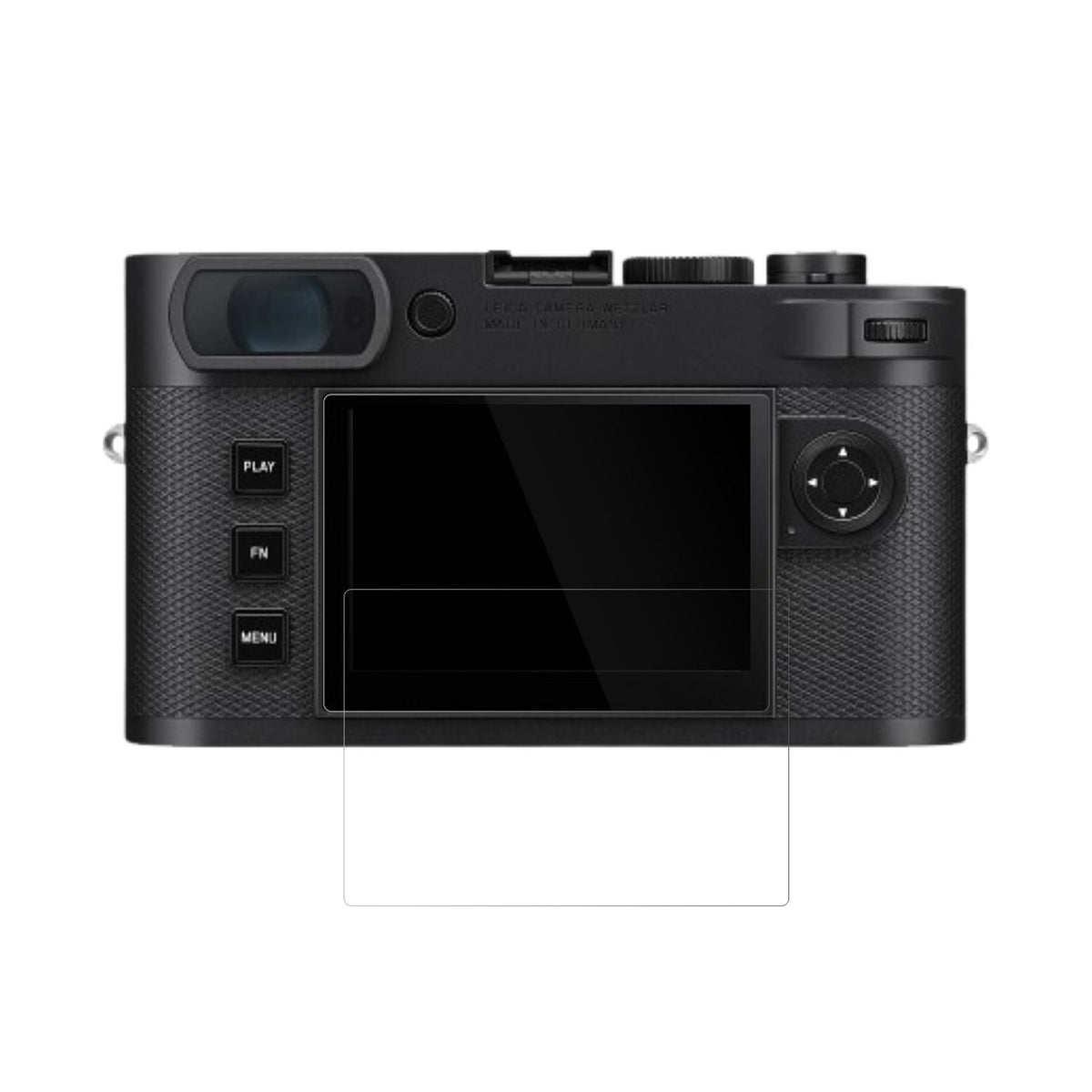 LeicaM EV1 mit aufgebrachter dipos Displayschutzfolie, glasklare Darstellung ohne Einschränkungen