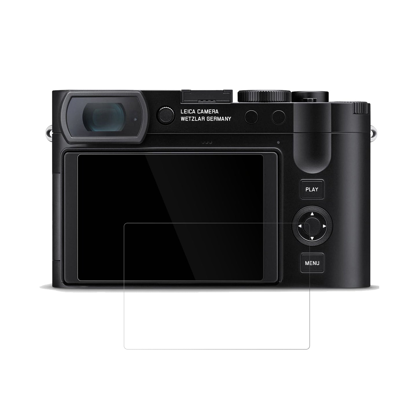 LeicaQ3 43 mit aufgebrachter dipos Displayschutzfolie, glasklare Darstellung ohne Einschränkungen