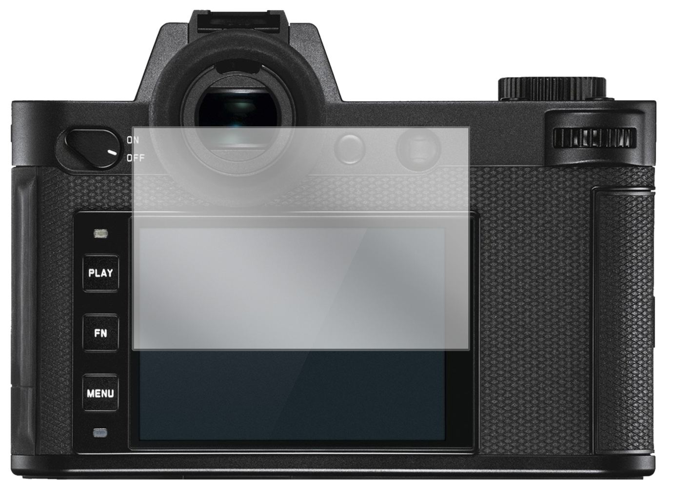 LeicaSL2-S mit aufgebrachter dipos Displayschutzfolie, glasklare Darstellung ohne Einschränkungen