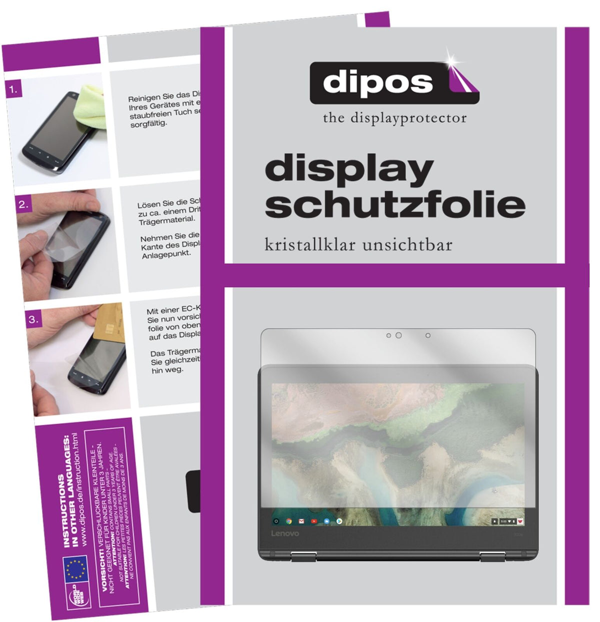 Lenovo300e Chromebook mit aufgebrachter dipos Displayschutzfolie, glasklare Darstellung ohne Einschränkungen