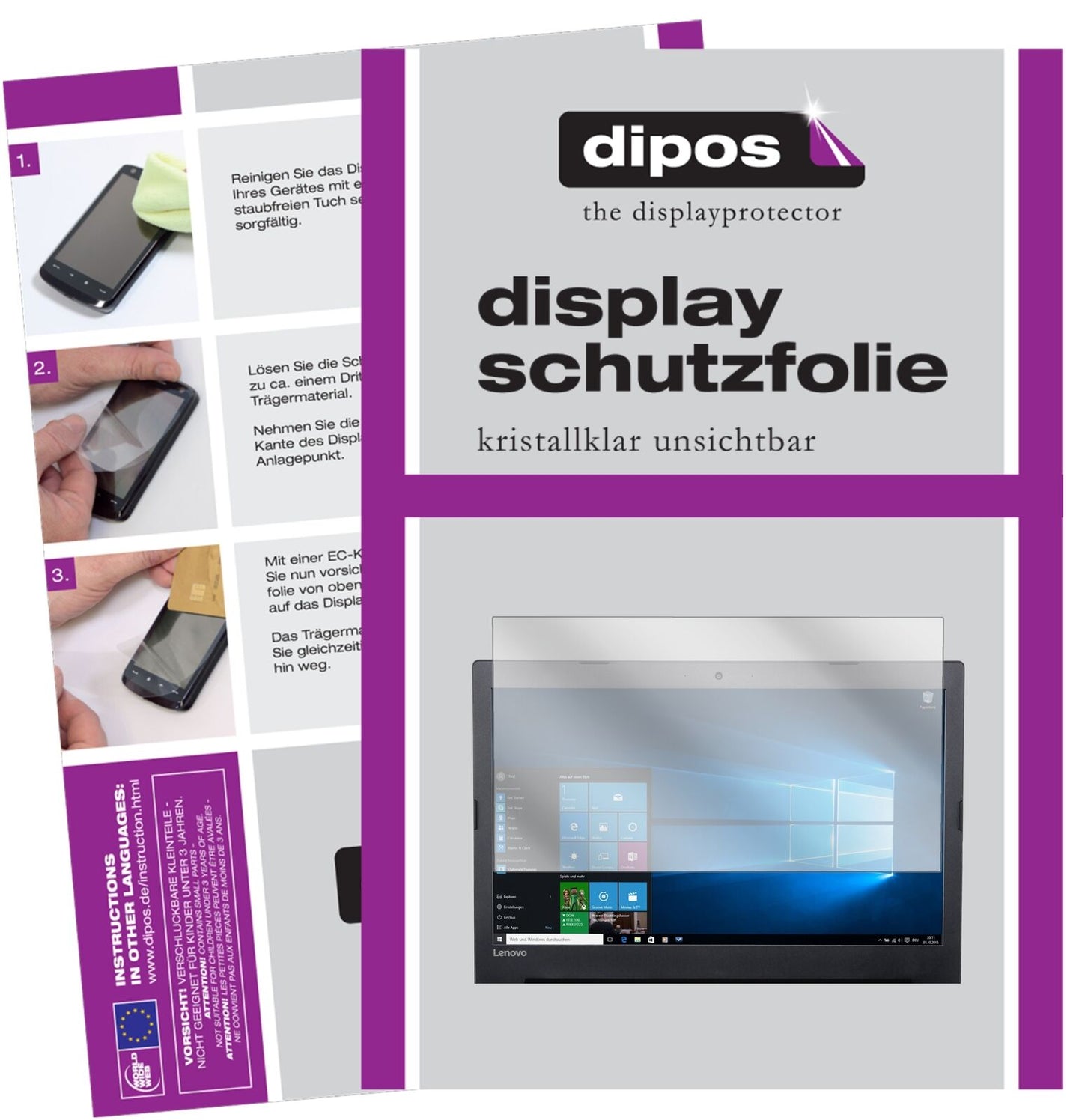 LenovoIdeapad 320 (17.3 Zoll) mit aufgebrachter dipos Displayschutzfolie, glasklare Darstellung ohne Einschränkungen