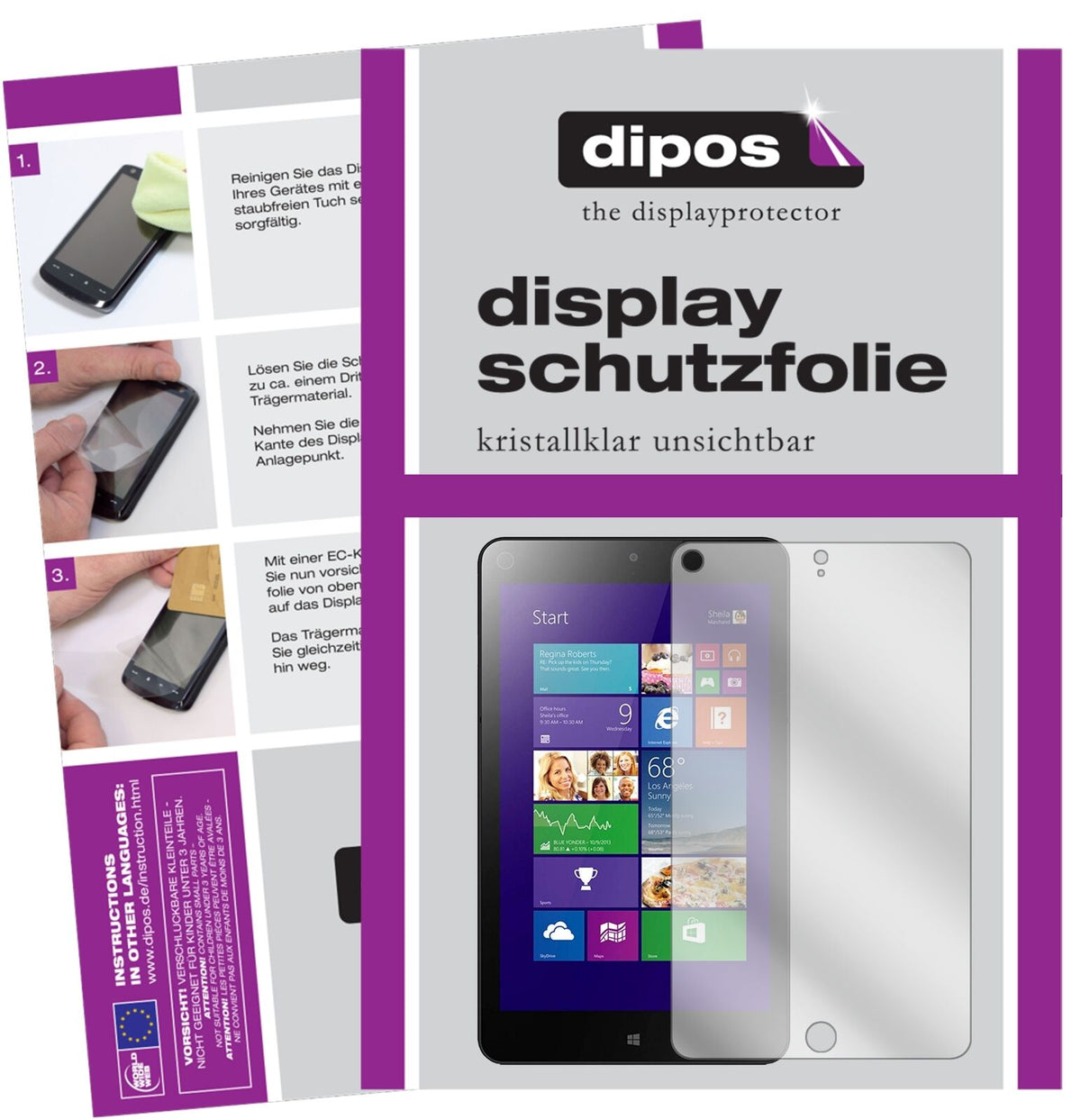 LenovoThinkpad 8 mit aufgebrachter dipos Displayschutzfolie, glasklare Darstellung ohne Einschränkungen
