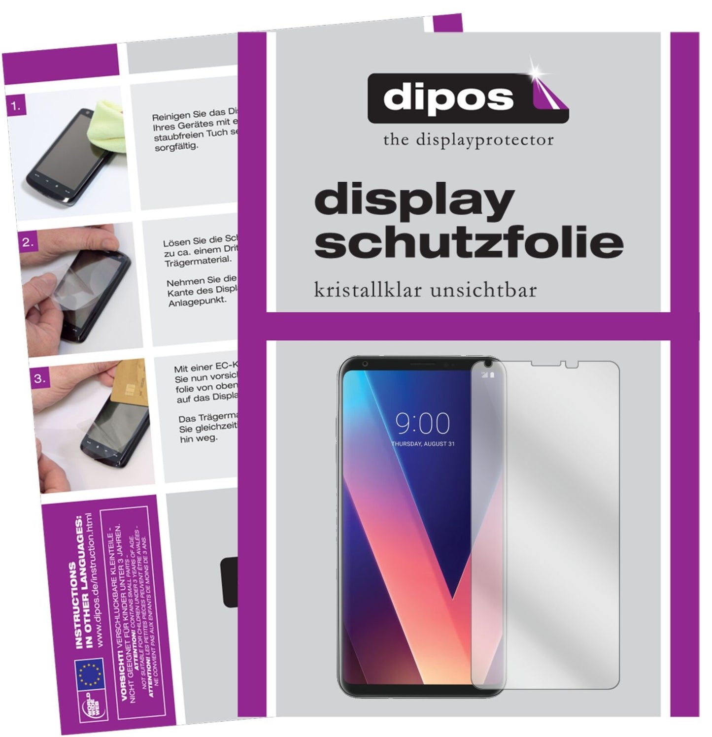 LGV30 Plus mit aufgebrachter dipos Displayschutzfolie, glasklare Darstellung ohne Einschränkungen