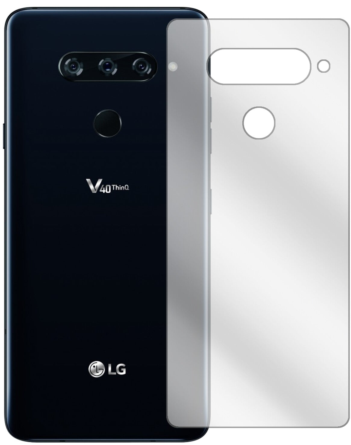 LGV40 ThinQ Rückseite mit aufgebrachter dipos Displayschutzfolie, glasklare Darstellung ohne Einschränkungen