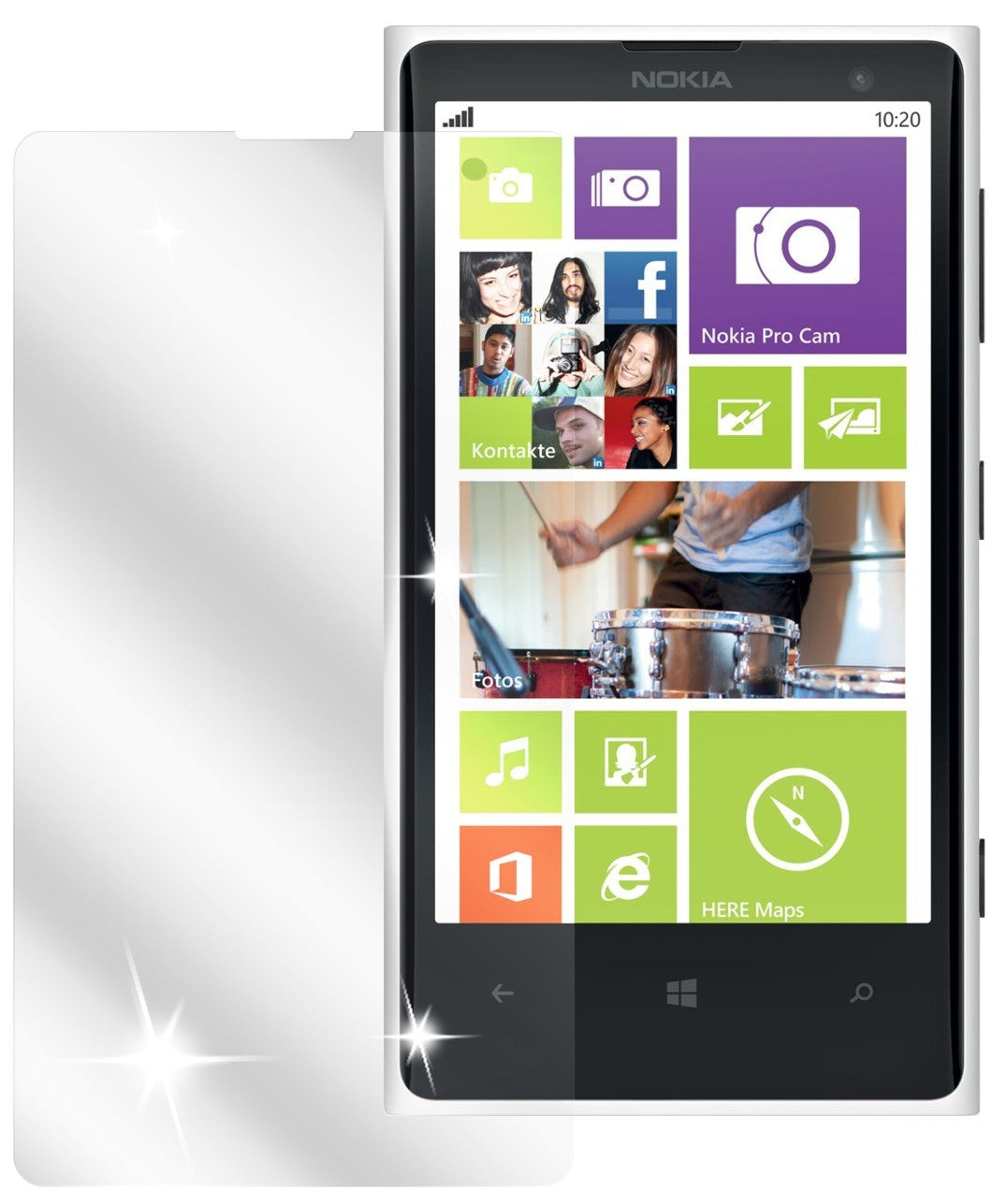 Lumia 1020Nokia mit aufgebrachter dipos Displayschutzfolie, glasklare Darstellung ohne Einschränkungen