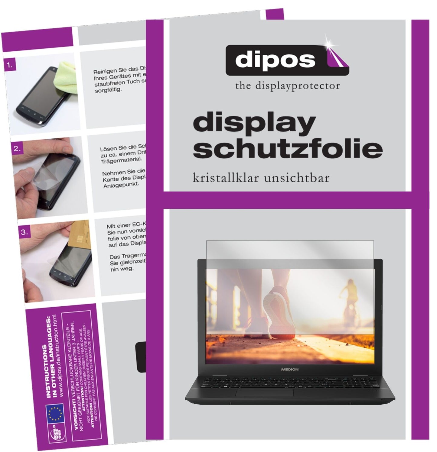 MedionAkoya P6685 mit aufgebrachter dipos Displayschutzfolie, glasklare Darstellung ohne Einschränkungen