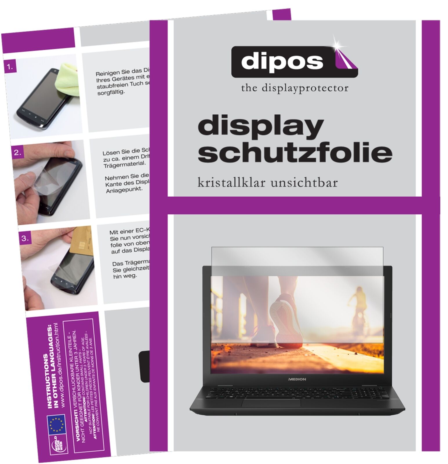 MedionAkoya P6685 mit aufgebrachter dipos Displayschutzfolie, glasklare Darstellung ohne Einschränkungen