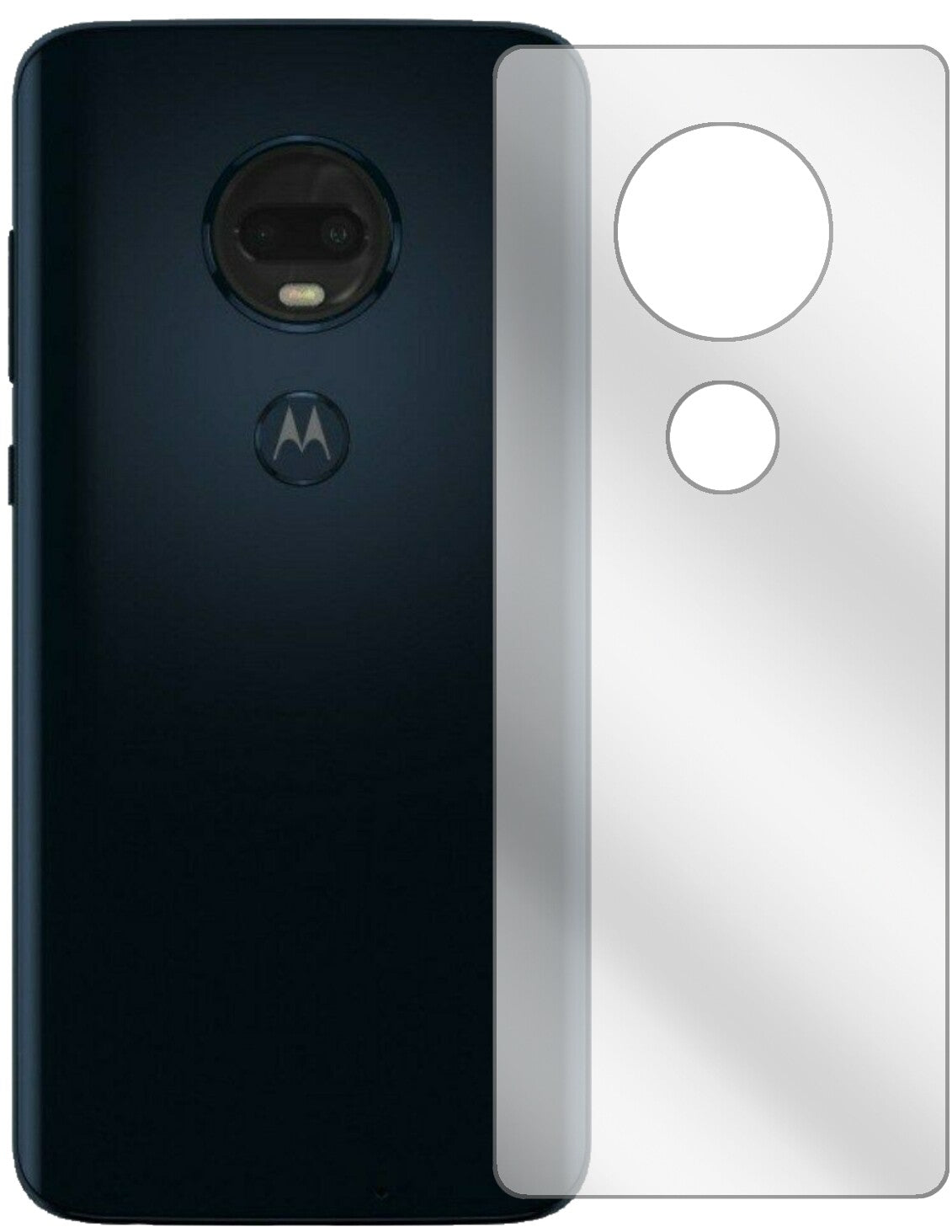 MotorolaMoto G7 Plus Rückseite mit aufgebrachter dipos Displayschutzfolie, glasklare Darstellung ohne Einschränkungen