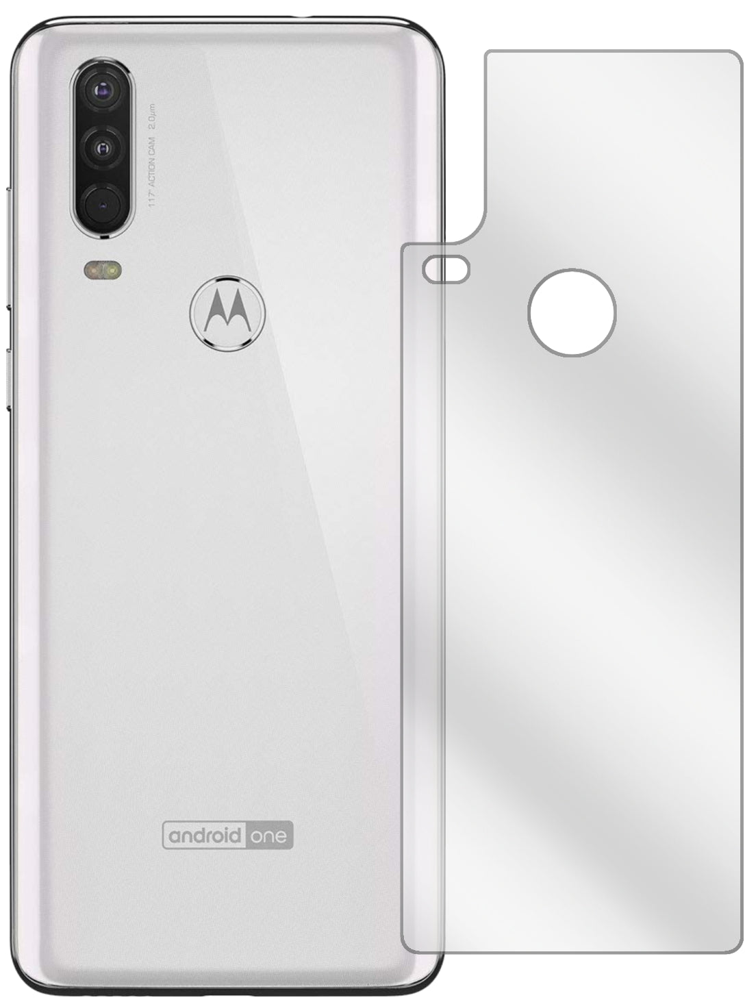 MotorolaOne Action Rückseite mit aufgebrachter dipos Displayschutzfolie, glasklare Darstellung ohne Einschränkungen