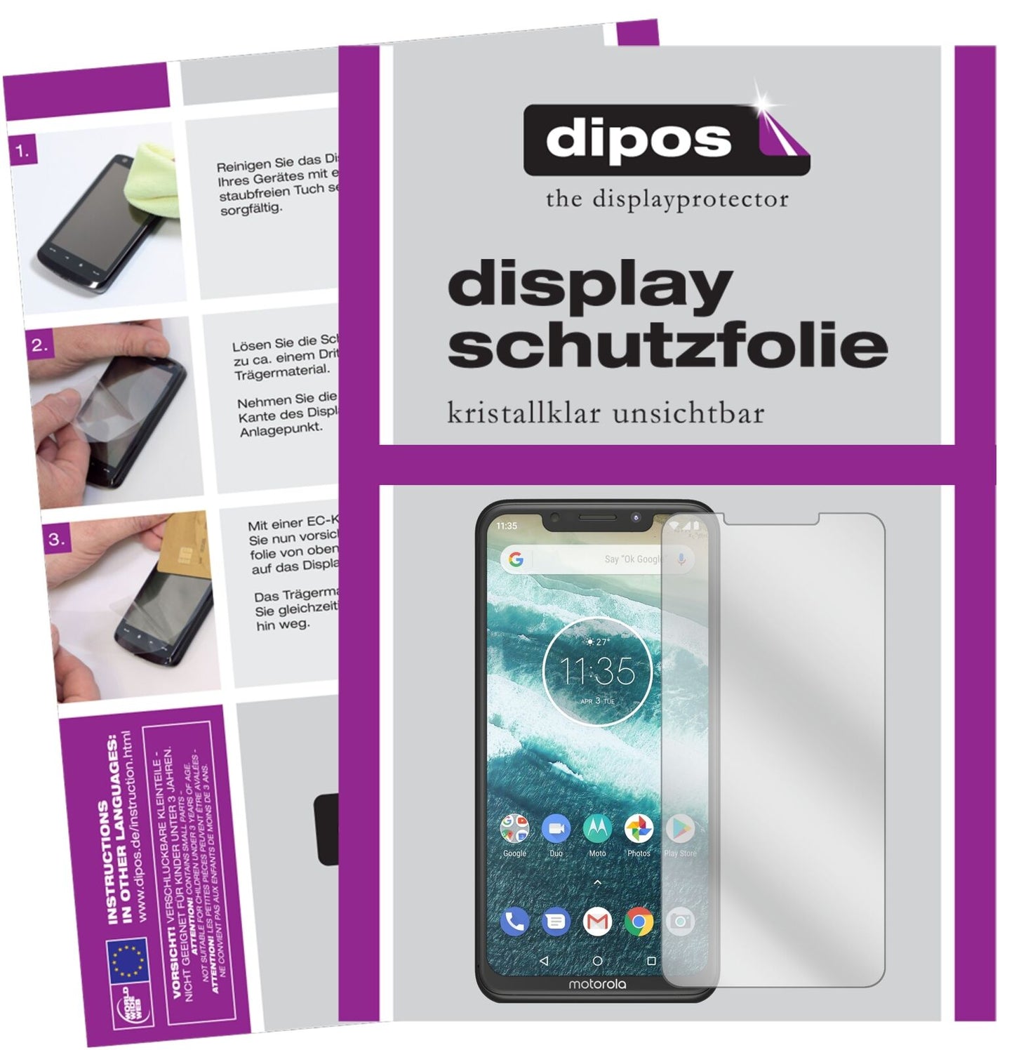 MotorolaOne Power mit aufgebrachter dipos Displayschutzfolie, glasklare Darstellung ohne Einschränkungen
