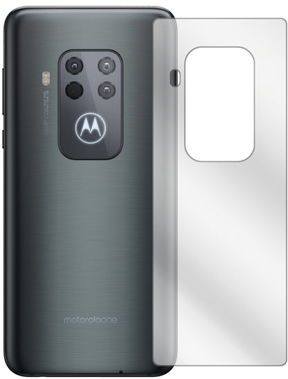 MotorolaOne Zoom Rückseite mit aufgebrachter dipos Displayschutzfolie, glasklare Darstellung ohne Einschränkungen