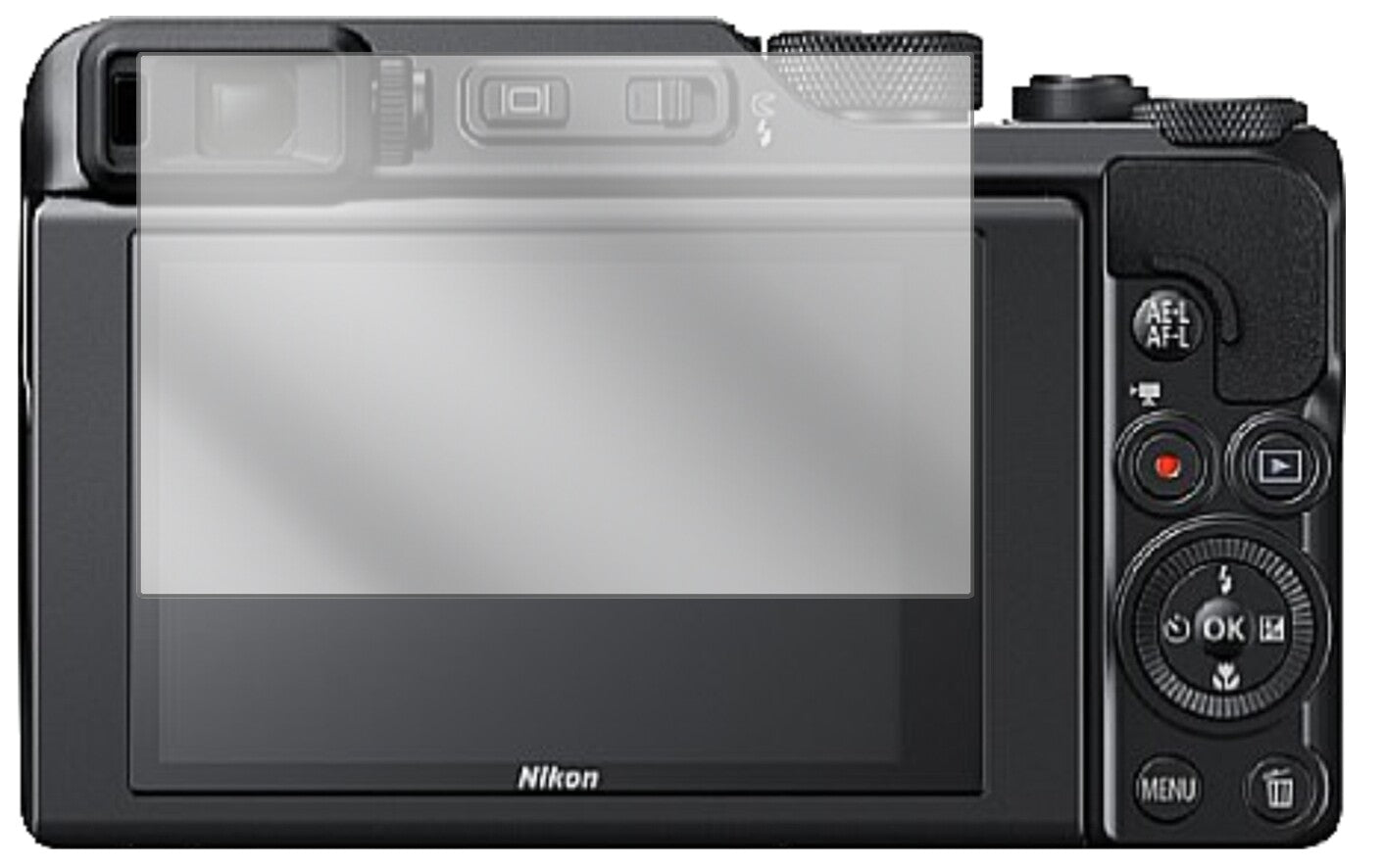 NikonCoolpix A1000 mit aufgebrachter dipos Displayschutzfolie, glasklare Darstellung ohne Einschränkungen