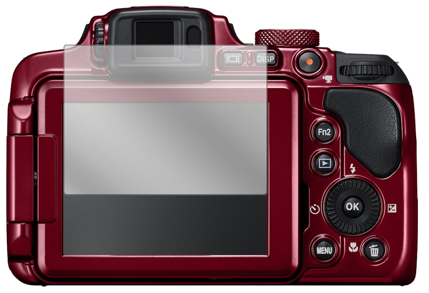 NikonCoolpix B700 mit aufgebrachter dipos Displayschutzfolie, glasklare Darstellung ohne Einschränkungen