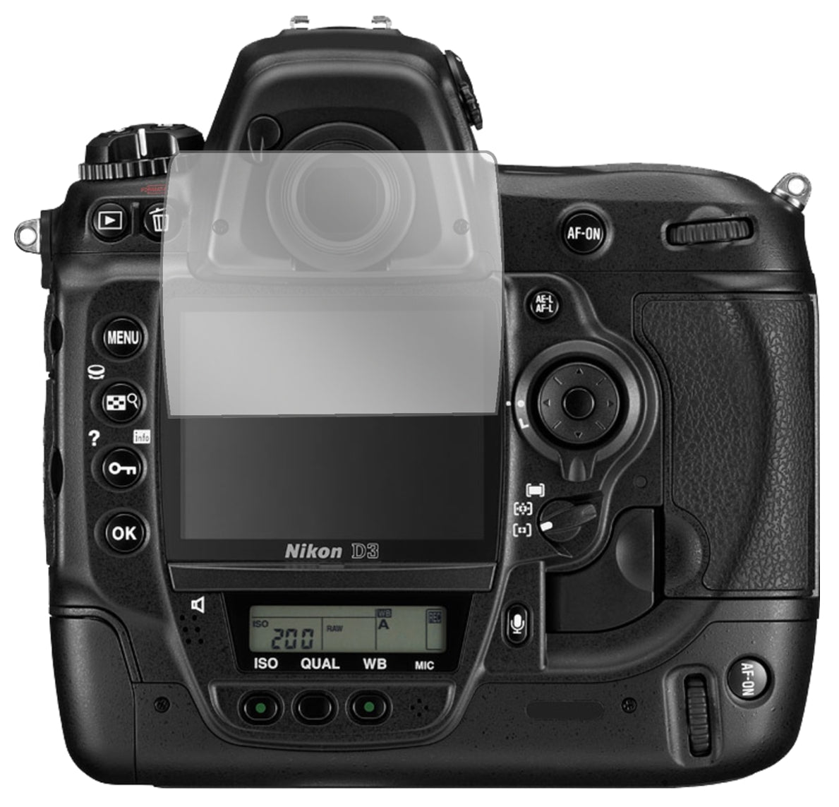 NikonD3 mit aufgebrachter dipos Displayschutzfolie, glasklare Darstellung ohne Einschränkungen