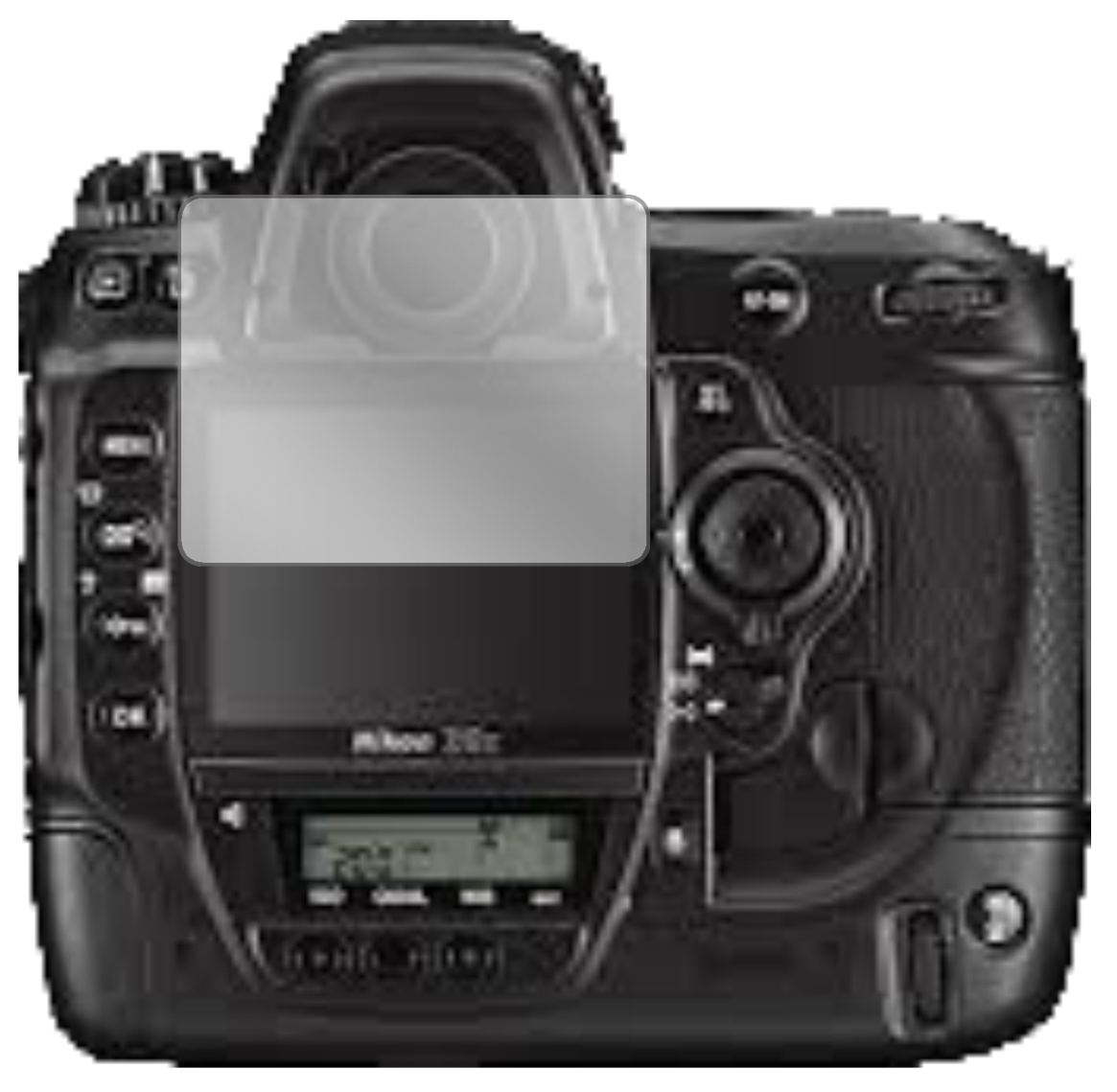 NikonD3x mit aufgebrachter dipos Displayschutzfolie, glasklare Darstellung ohne Einschränkungen