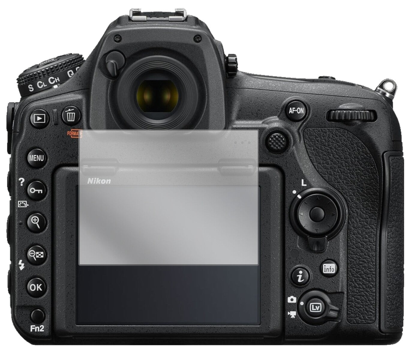 NikonD850 SLR mit aufgebrachter dipos Displayschutzfolie, glasklare Darstellung ohne Einschränkungen