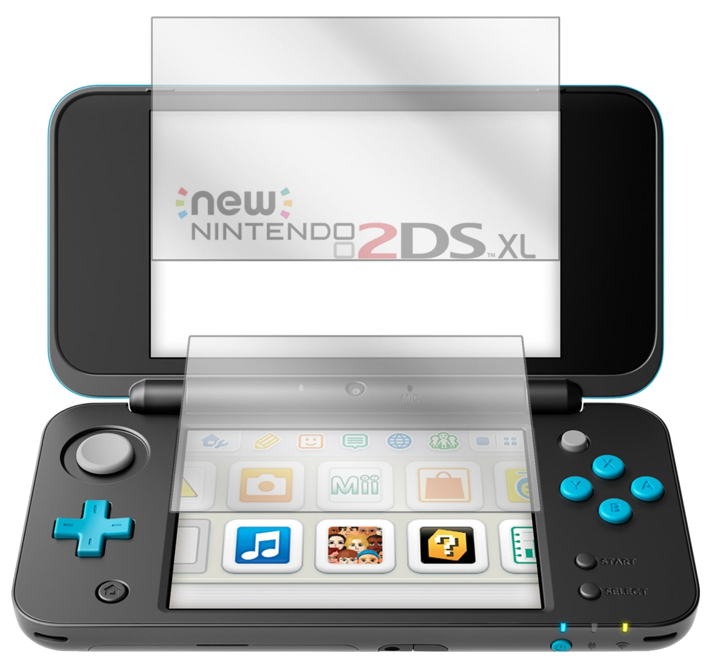 Nintendo2DS XL mit aufgebrachter dipos Displayschutzfolie, glasklare Darstellung ohne Einschränkungen
