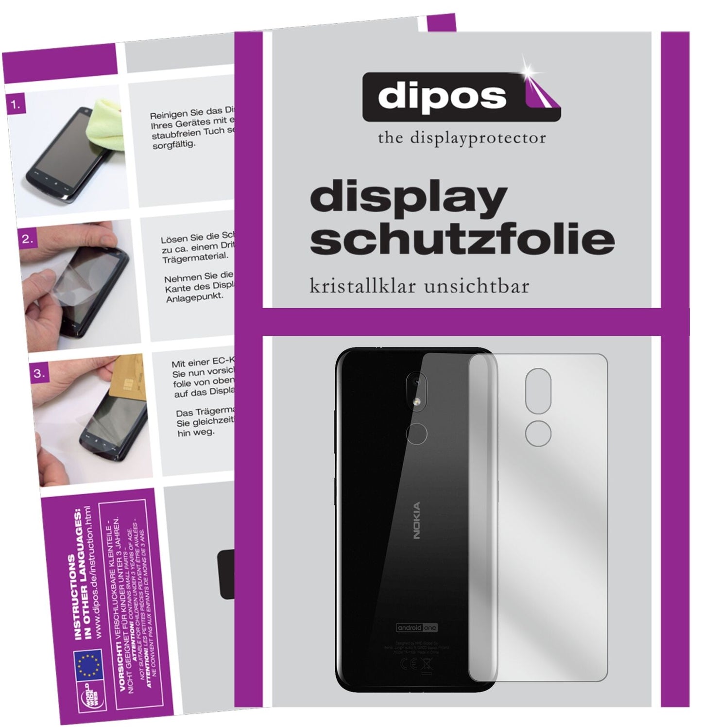 Nokia3.2 Rückseite mit aufgebrachter dipos Displayschutzfolie, glasklare Darstellung ohne Einschränkungen