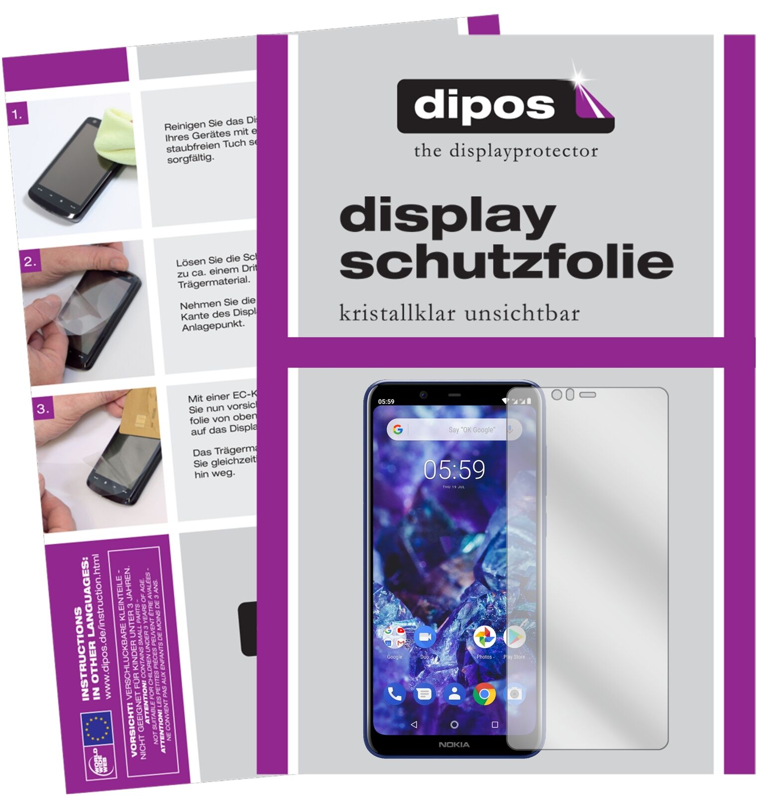 Nokia5.1 Plus mit aufgebrachter dipos Displayschutzfolie, glasklare Darstellung ohne Einschränkungen