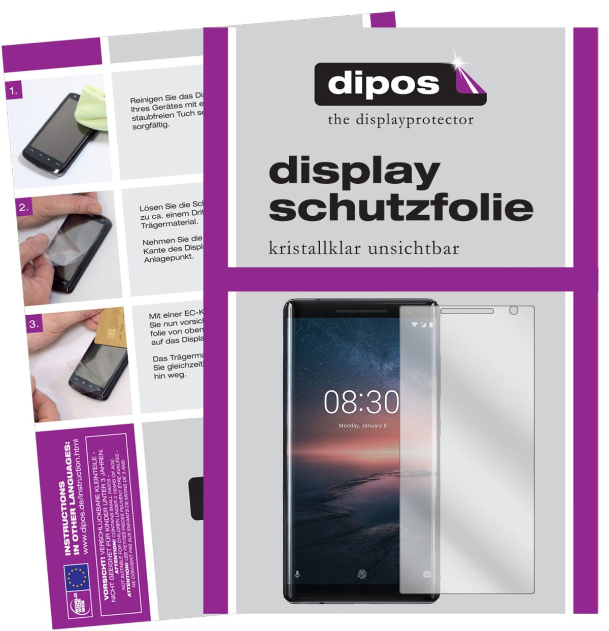 Nokia8 Sirocco mit aufgebrachter dipos Displayschutzfolie, glasklare Darstellung ohne Einschränkungen