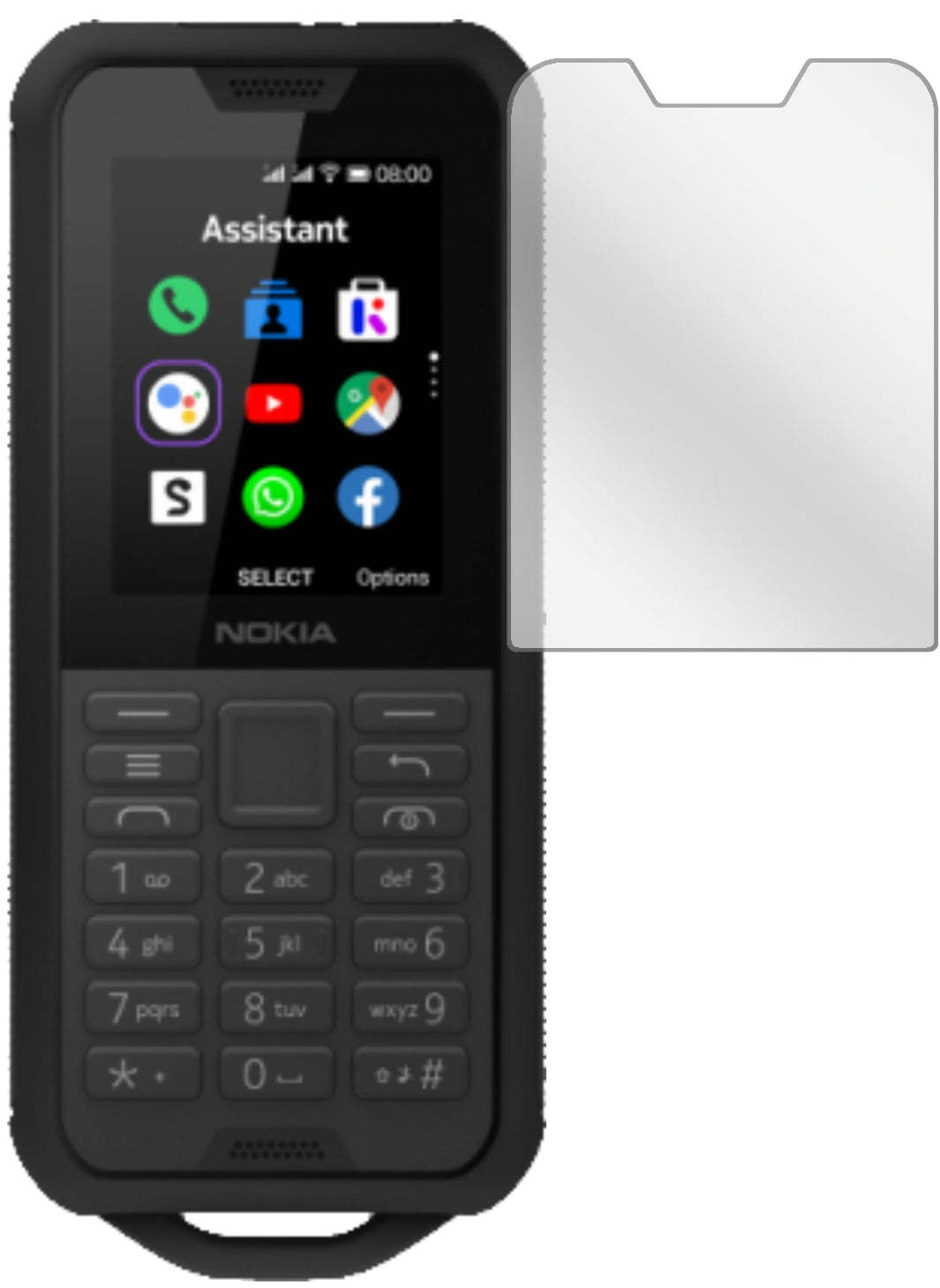 Nokia800 Tough mit aufgebrachter dipos Displayschutzfolie, glasklare Darstellung ohne Einschränkungen