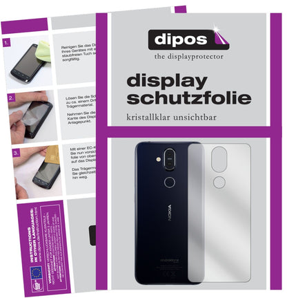 Nokia8.1 Rückseite mit aufgebrachter dipos Displayschutzfolie, glasklare Darstellung ohne Einschränkungen