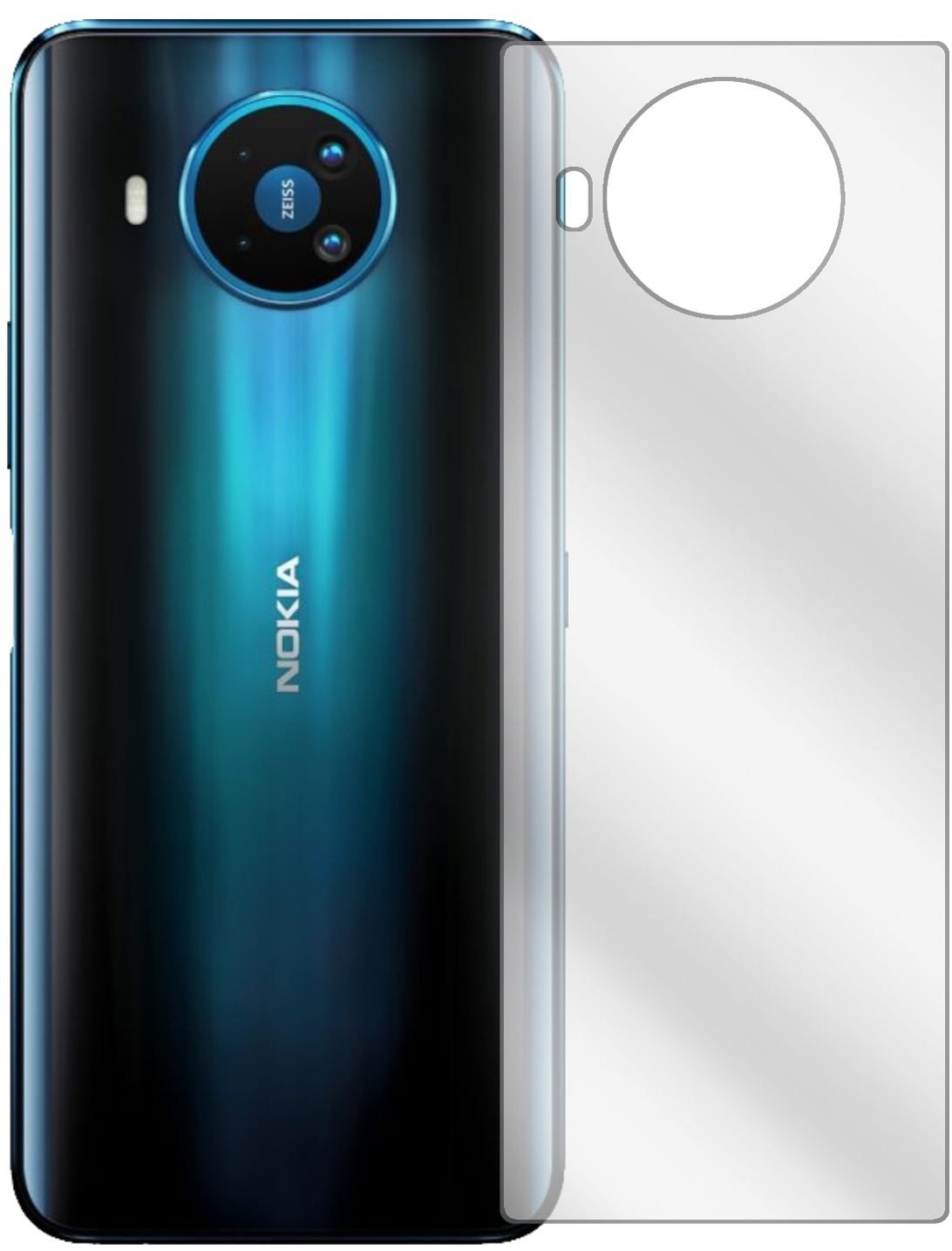 Nokia8.3 5G Rückseite mit aufgebrachter dipos Displayschutzfolie, glasklare Darstellung ohne Einschränkungen