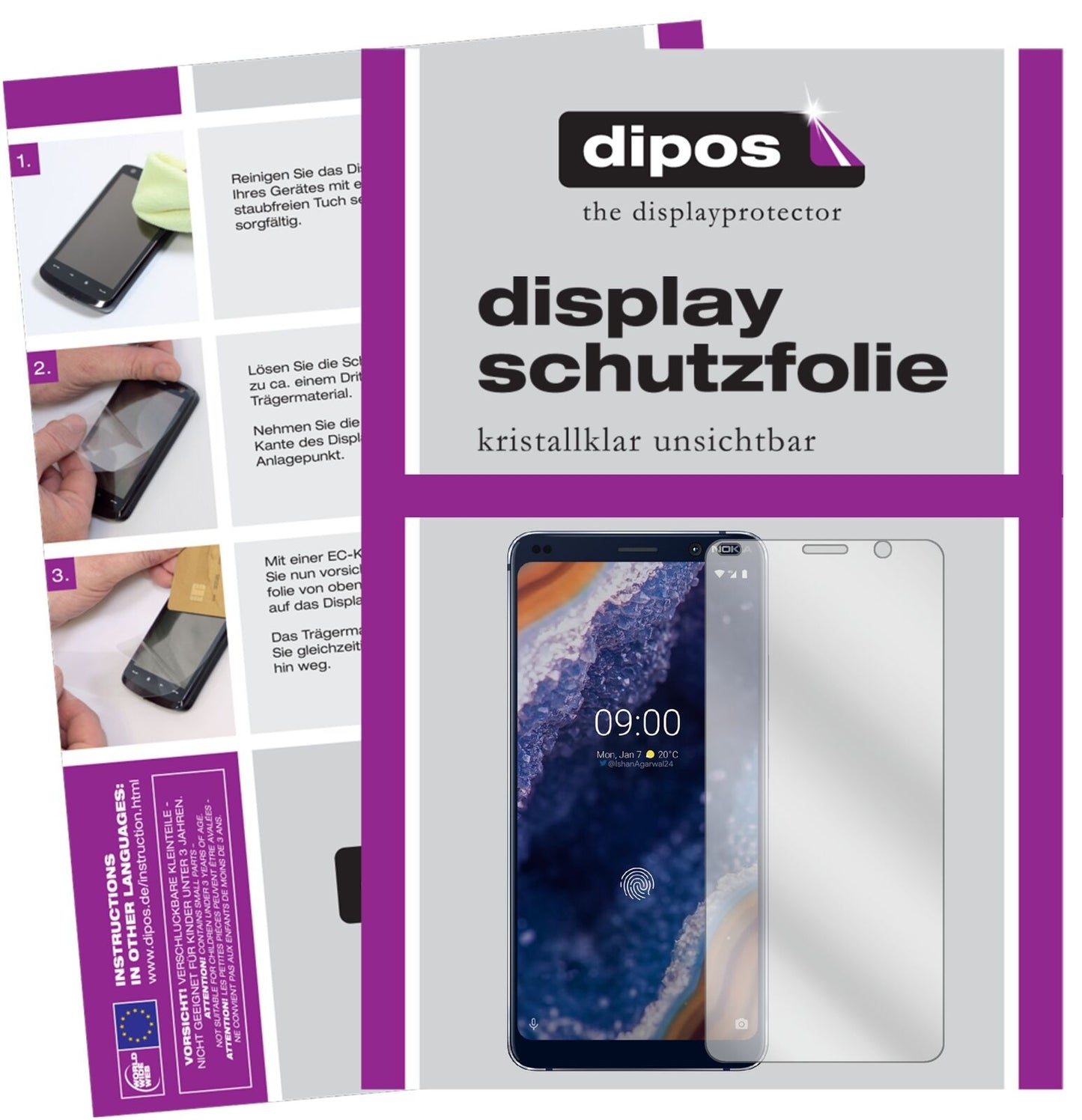 Nokia9 PureView mit aufgebrachter dipos Displayschutzfolie, glasklare Darstellung ohne Einschränkungen