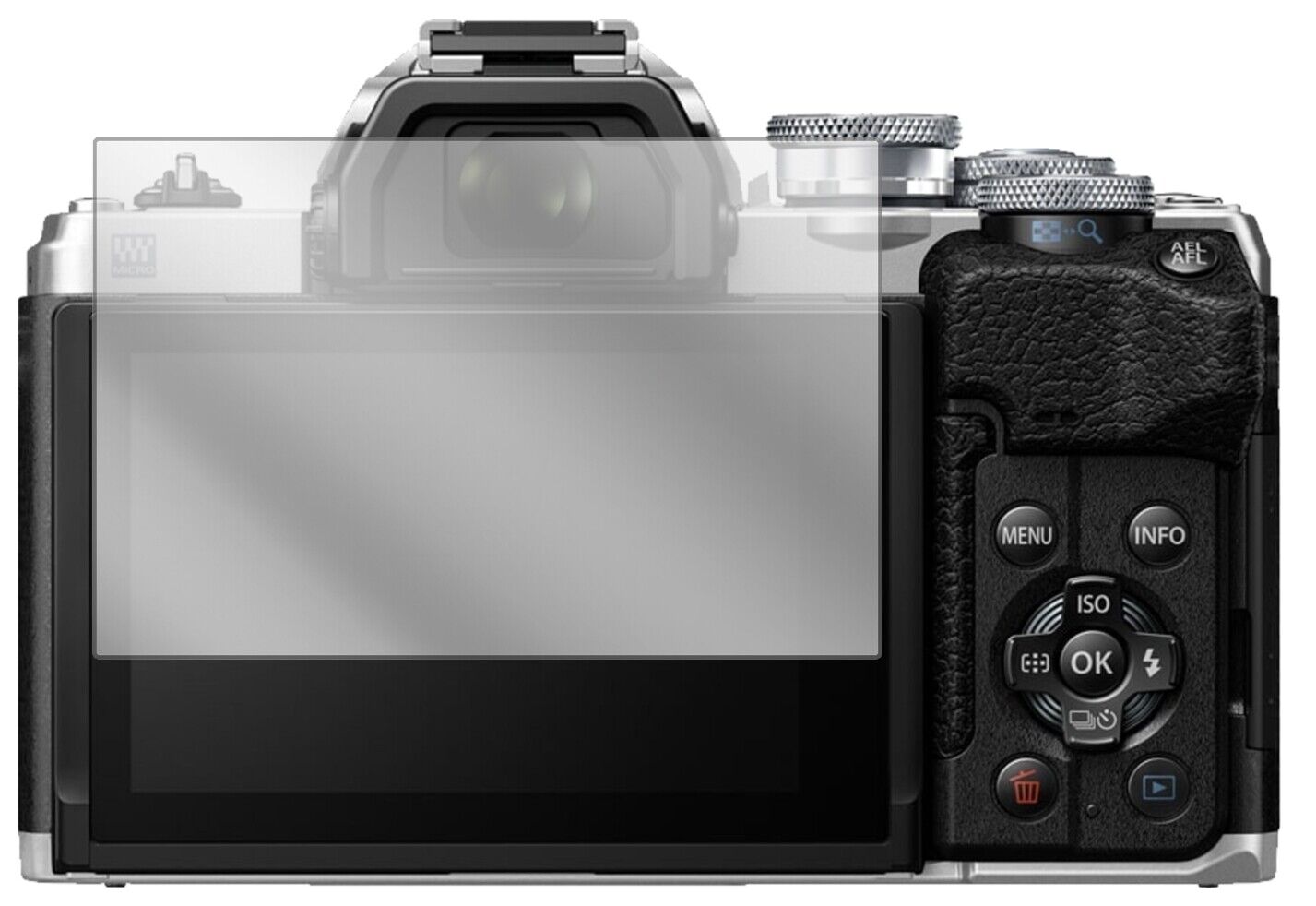 OlympusOM-D E-M10 Mark IV mit aufgebrachter dipos Displayschutzfolie, glasklare Darstellung ohne Einschränkungen