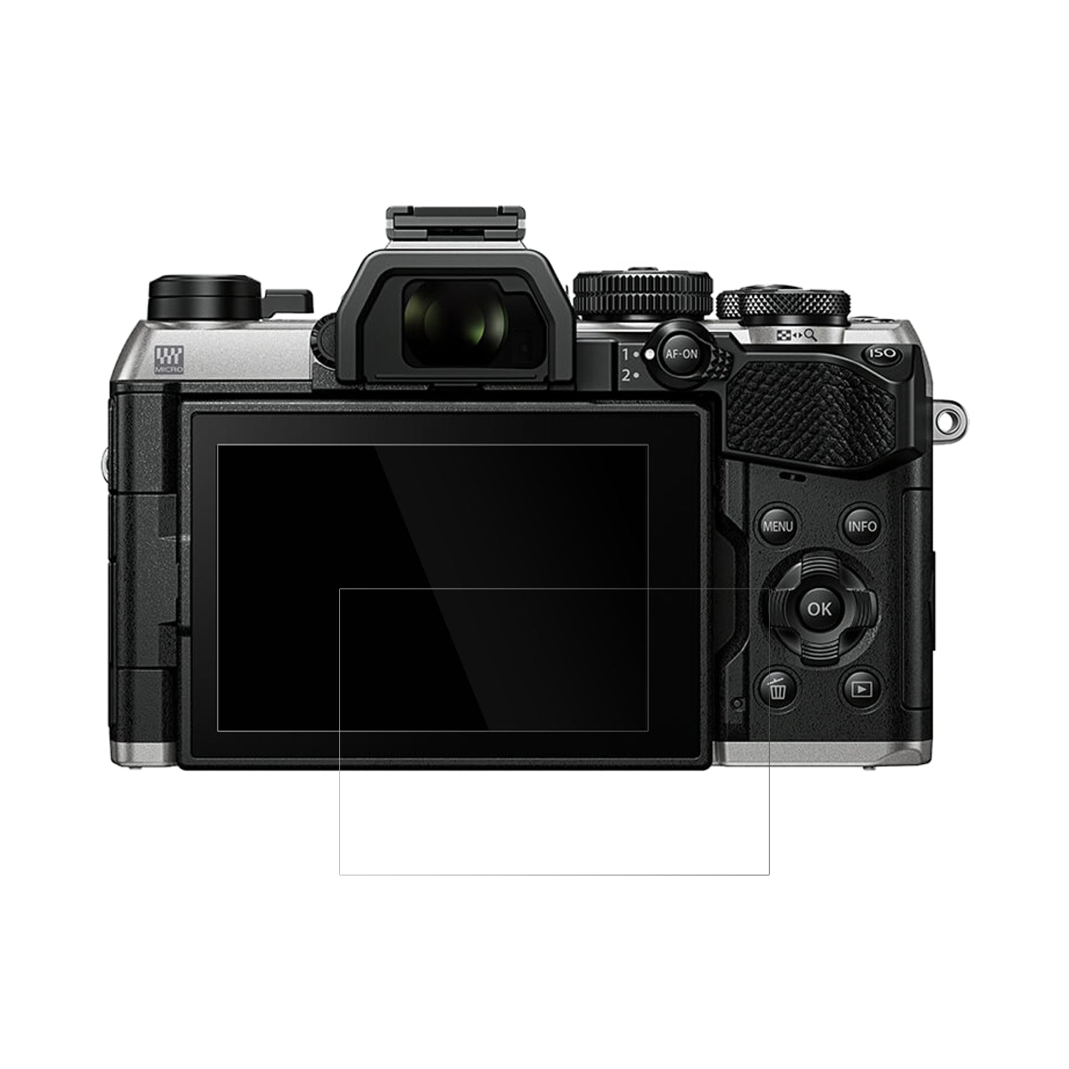 OlympusOM System OM-5 Mark II mit aufgebrachter dipos Displayschutzfolie, glasklare Darstellung ohne Einschränkungen