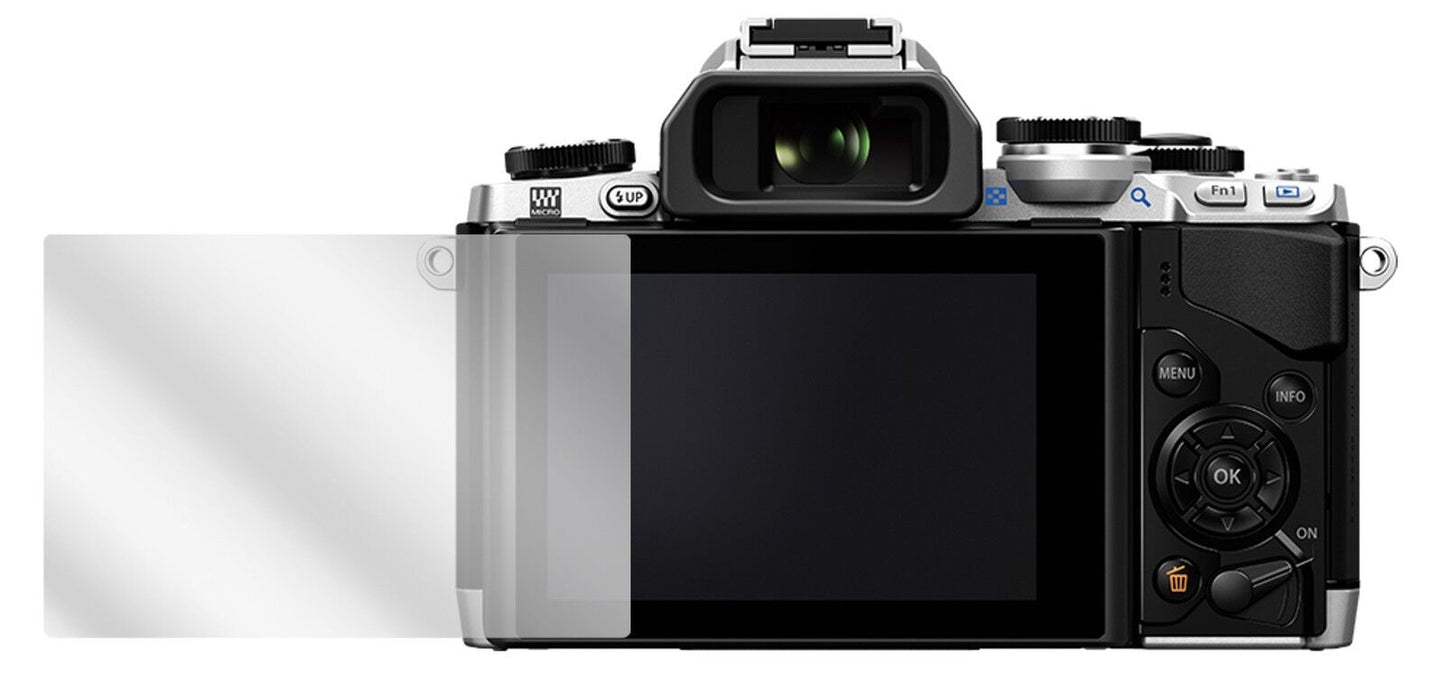 OM-D E-M10Olympus mit aufgebrachter dipos Displayschutzfolie, glasklare Darstellung ohne Einschränkungen