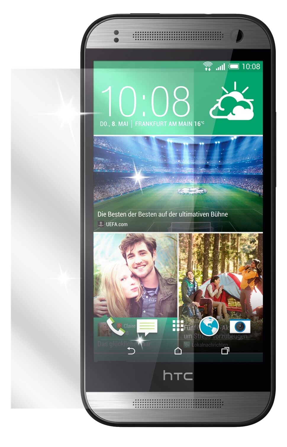 One mini 2HTC mit aufgebrachter dipos Displayschutzfolie, glasklare Darstellung ohne Einschränkungen