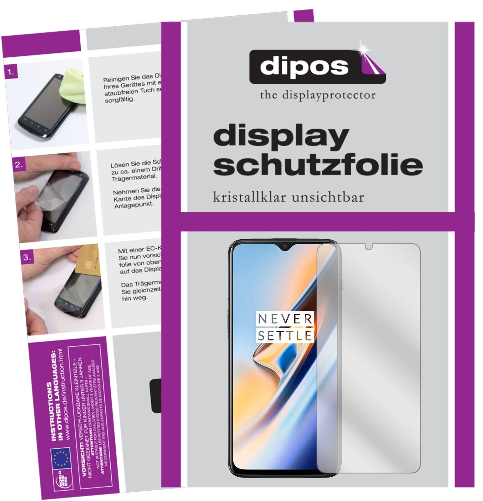 OnePlus6T mit aufgebrachter dipos Displayschutzfolie, glasklare Darstellung ohne Einschränkungen