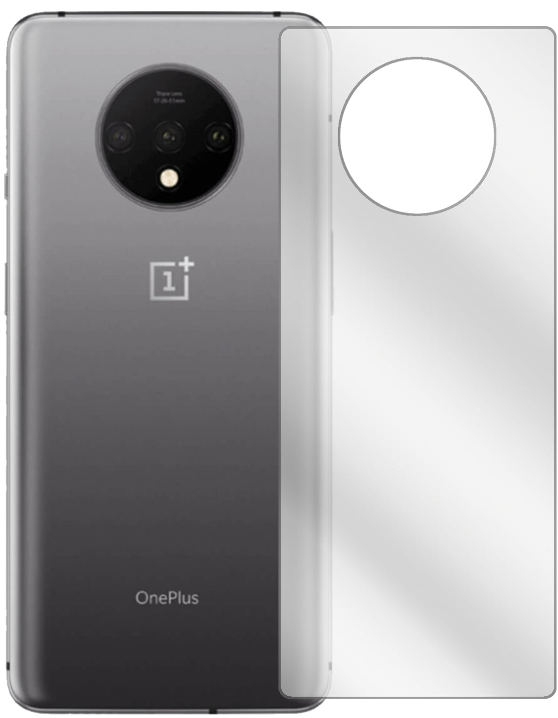OnePlus7T Rückseite mit aufgebrachter dipos Displayschutzfolie, glasklare Darstellung ohne Einschränkungen