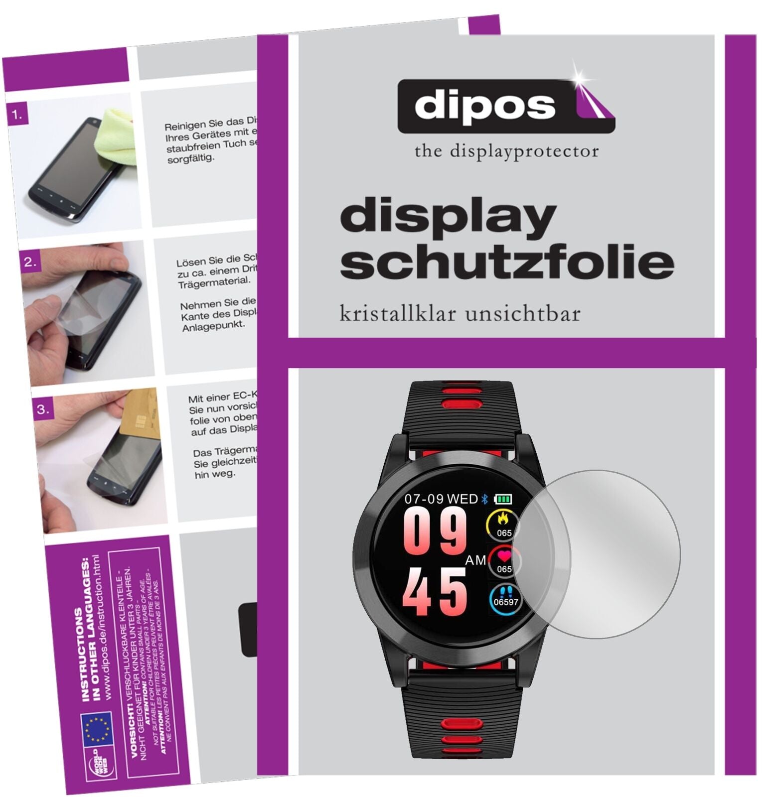 OOOUSER15 Smartwatch mit aufgebrachter dipos Displayschutzfolie, glasklare Darstellung ohne Einschränkungen