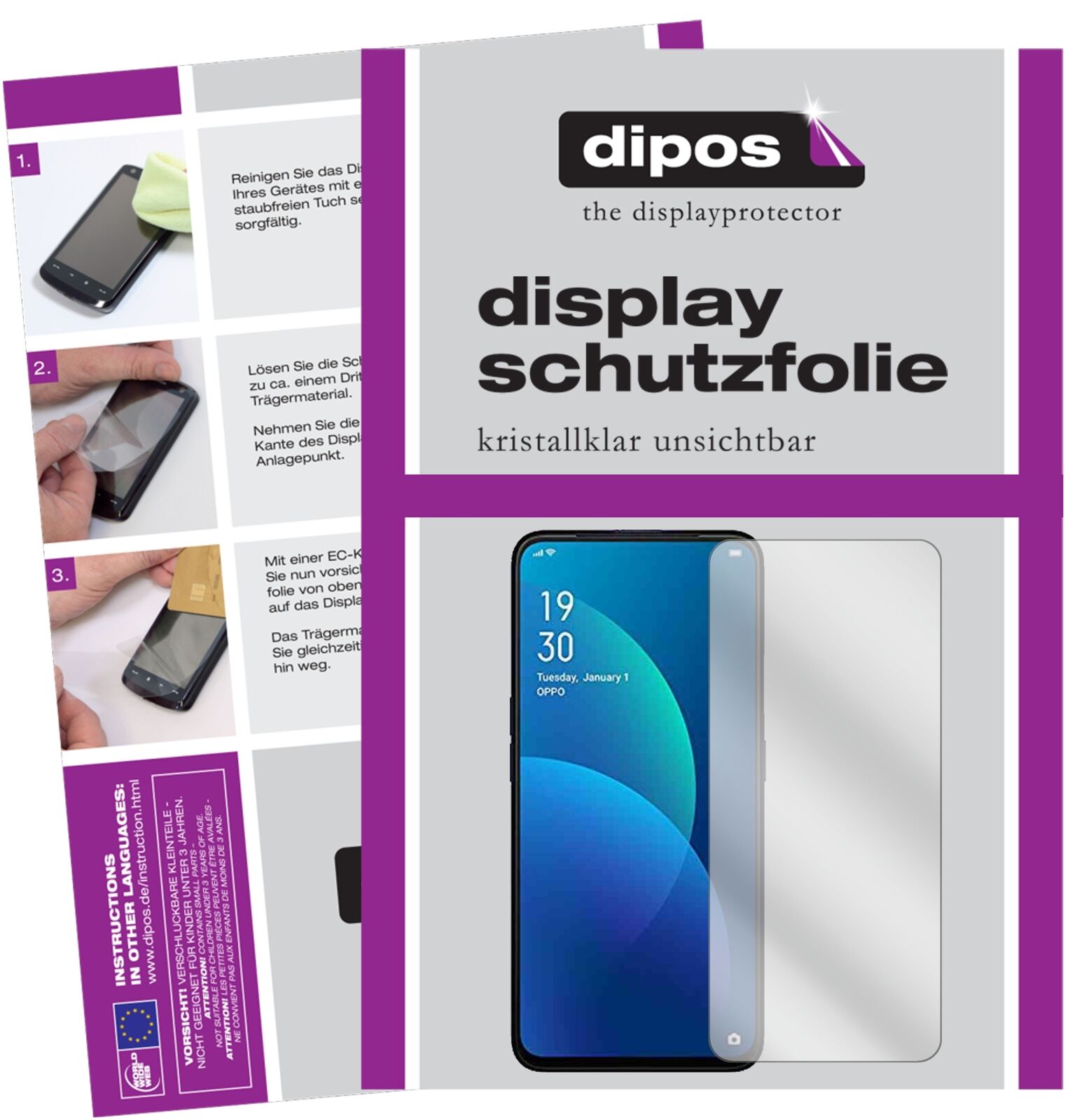 OppoF11 mit aufgebrachter dipos Displayschutzfolie, glasklare Darstellung ohne Einschränkungen