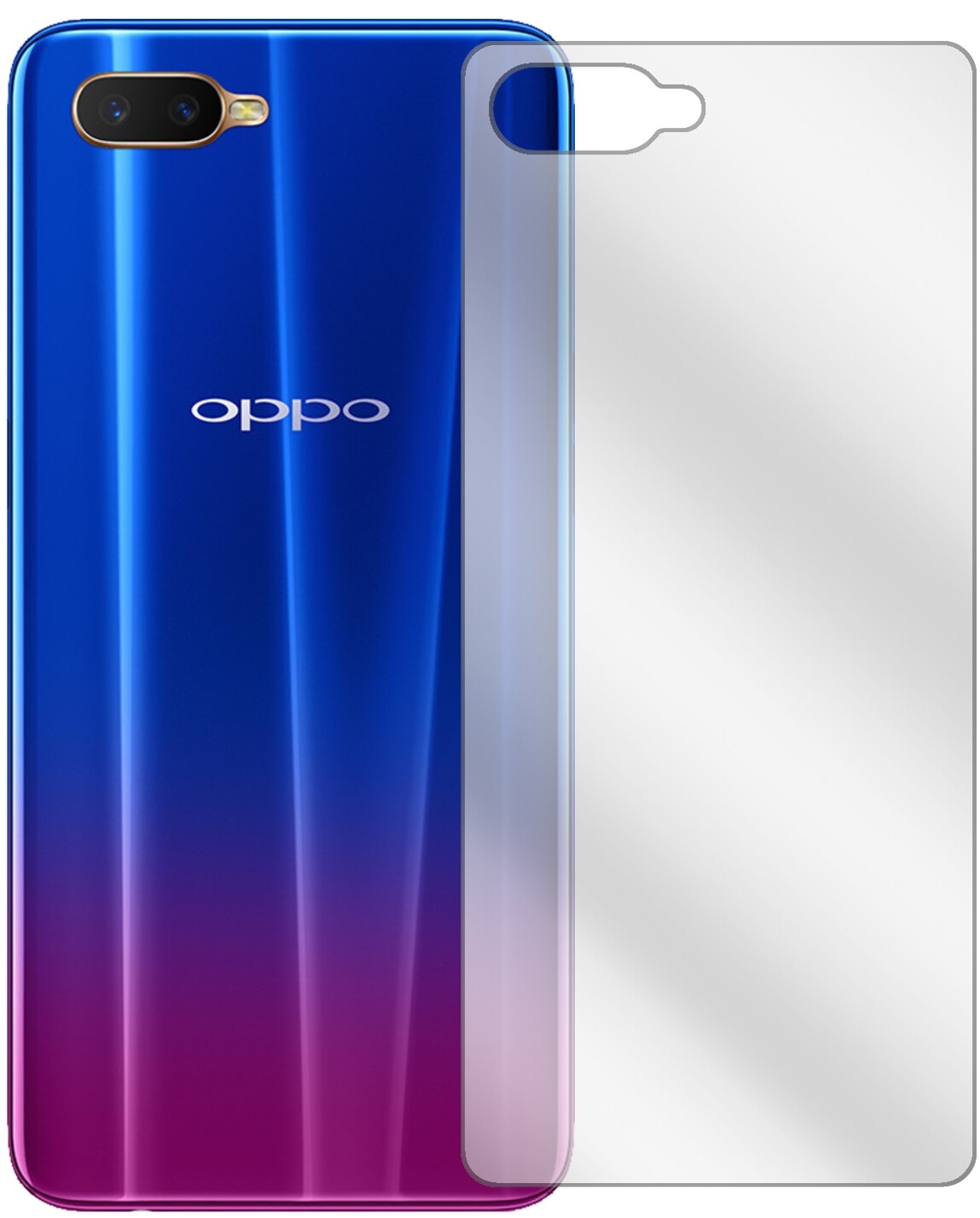 OppoR17 Rückseite mit aufgebrachter dipos Displayschutzfolie, glasklare Darstellung ohne Einschränkungen