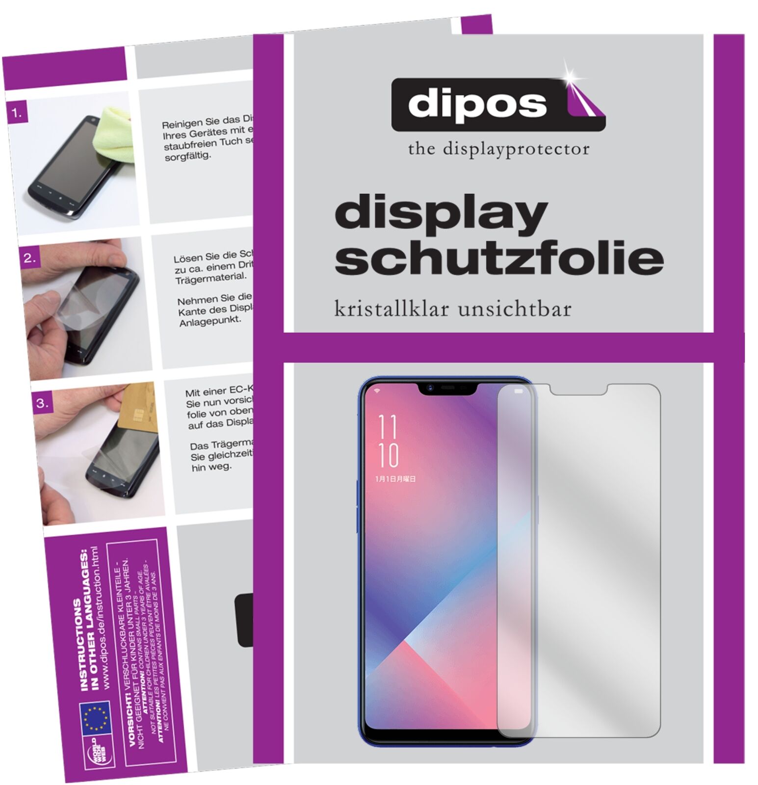 OppoR15 Neo mit aufgebrachter dipos Displayschutzfolie, glasklare Darstellung ohne Einschränkungen