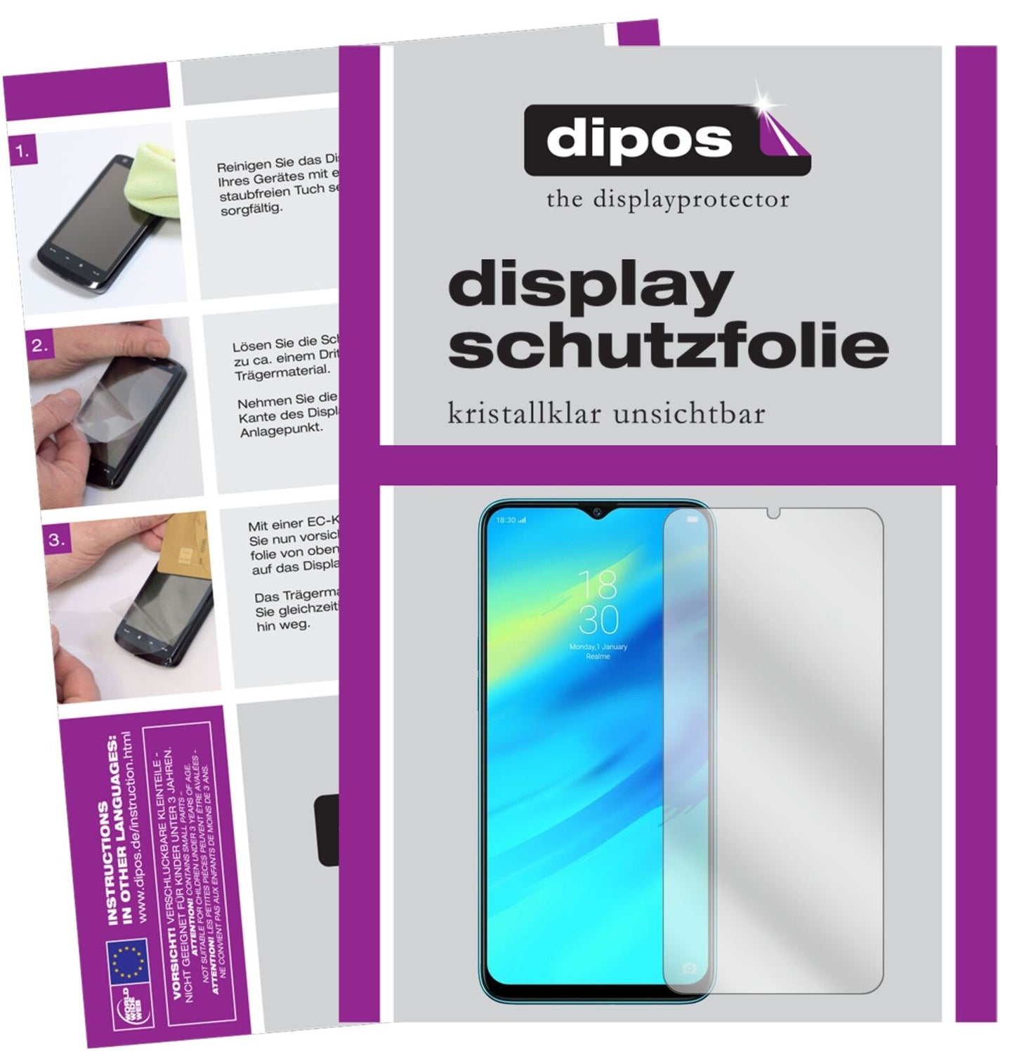 OppoRealme 2 Pro mit aufgebrachter dipos Displayschutzfolie, glasklare Darstellung ohne Einschränkungen