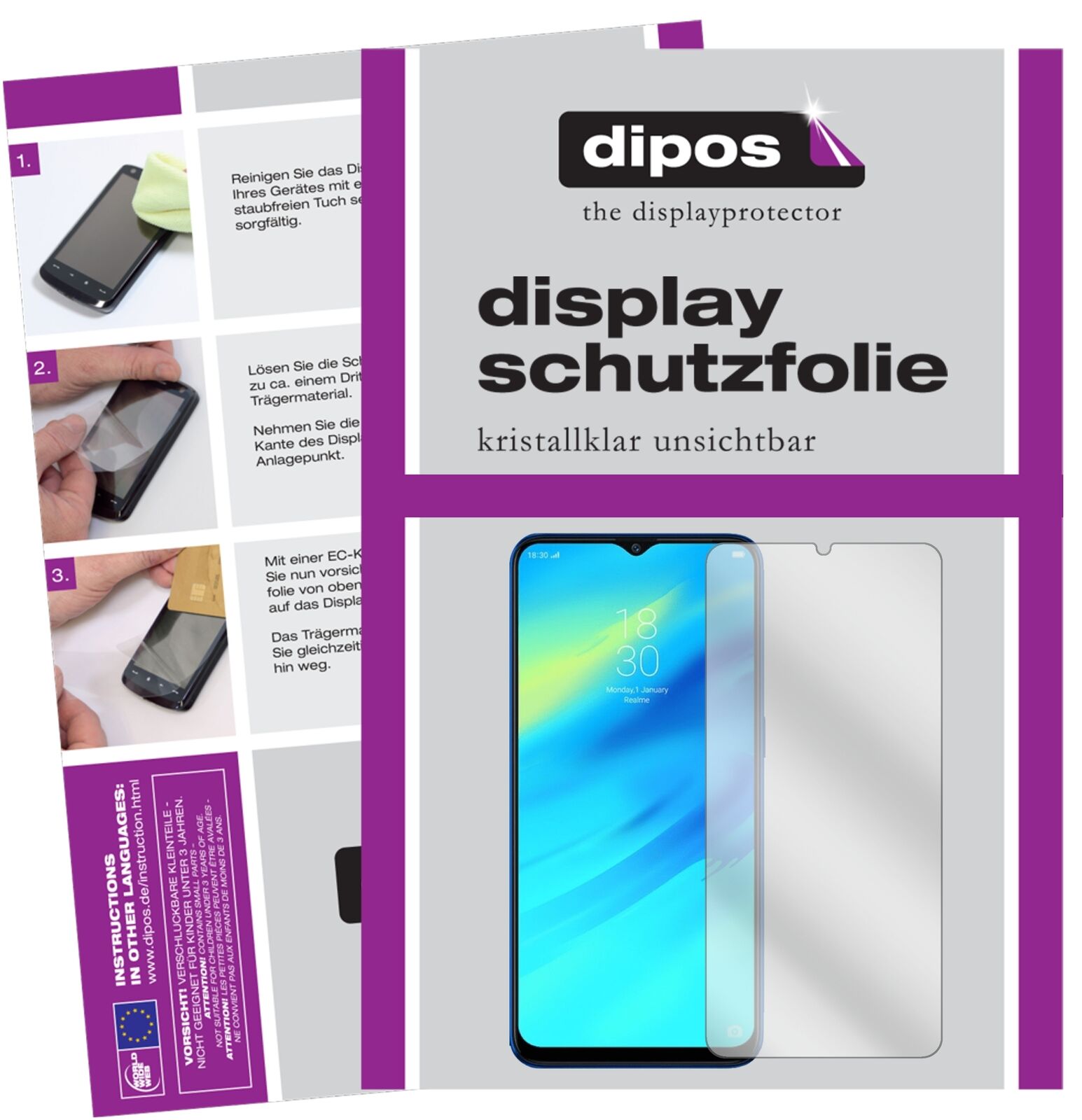 OppoRealme C2 mit aufgebrachter dipos Displayschutzfolie, glasklare Darstellung ohne Einschränkungen