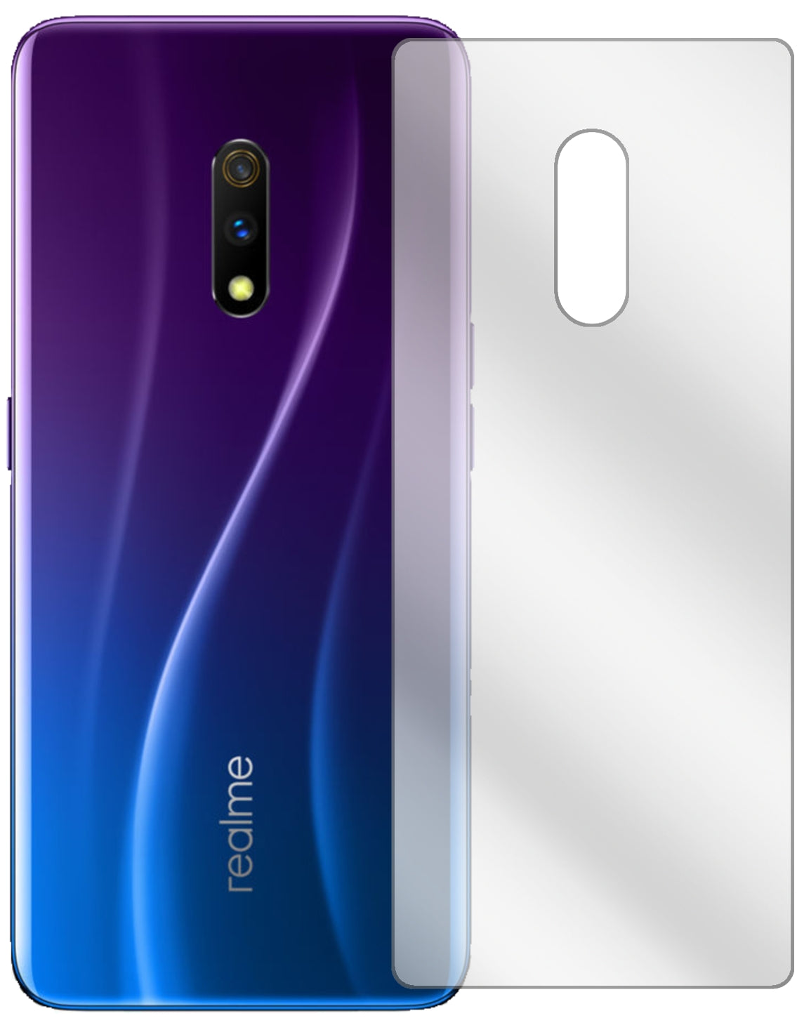 OppoRealme X Master Edition Rückseite mit aufgebrachter dipos Displayschutzfolie, glasklare Darstellung ohne Einschränkungen