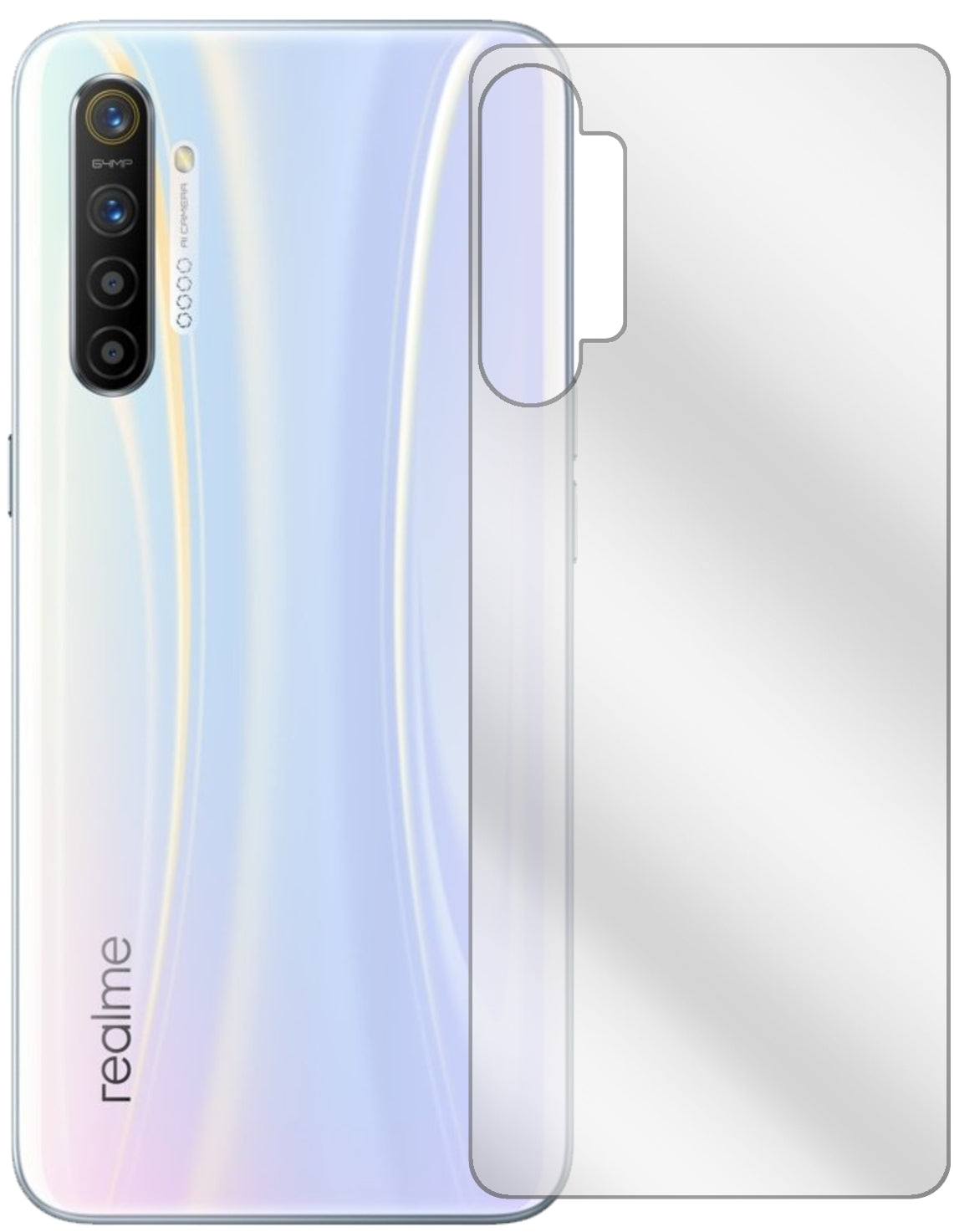 OppoRealme X2 Rückseite mit aufgebrachter dipos Displayschutzfolie, glasklare Darstellung ohne Einschränkungen
