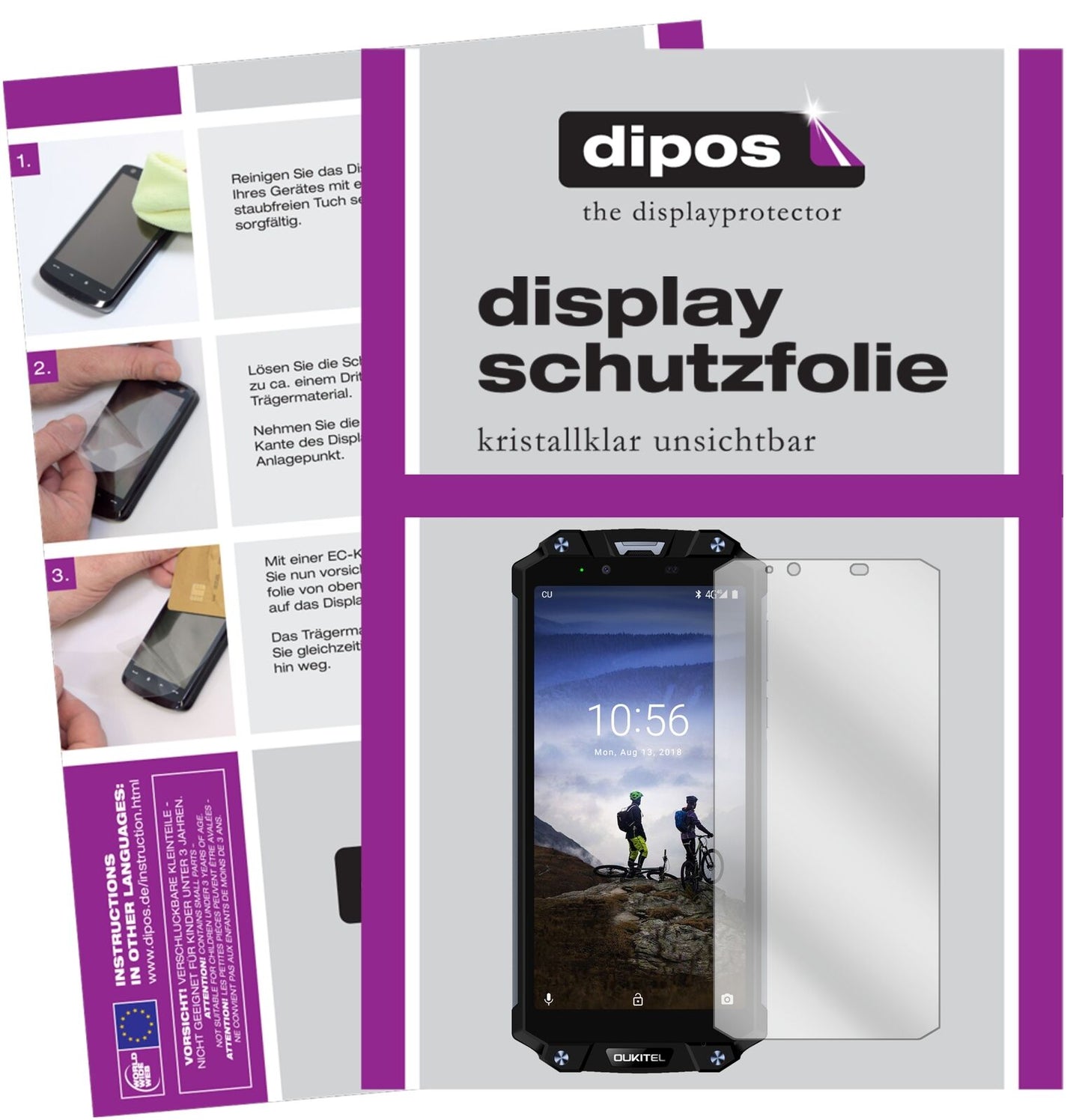 OukitelWP2 mit aufgebrachter dipos Displayschutzfolie, glasklare Darstellung ohne Einschränkungen