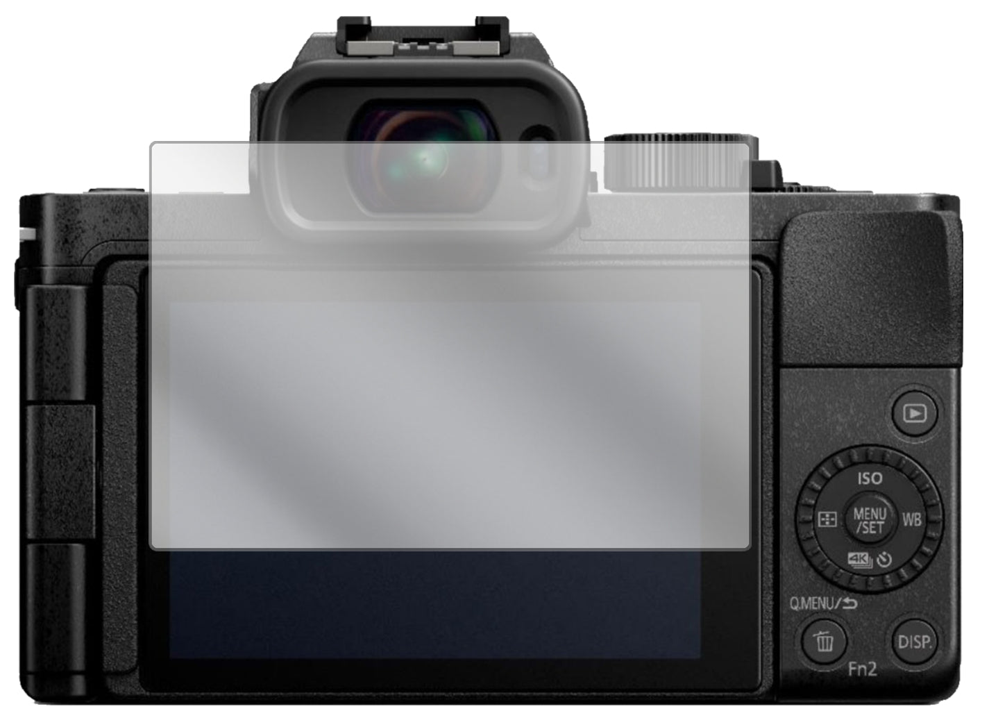 PanasonicLumix DC-G110 mit aufgebrachter dipos Displayschutzfolie, glasklare Darstellung ohne Einschränkungen
