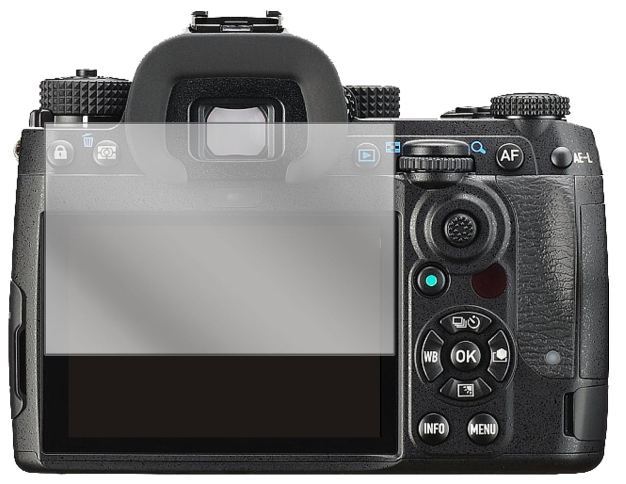PentaxK-3 III mit aufgebrachter dipos Displayschutzfolie, glasklare Darstellung ohne Einschränkungen