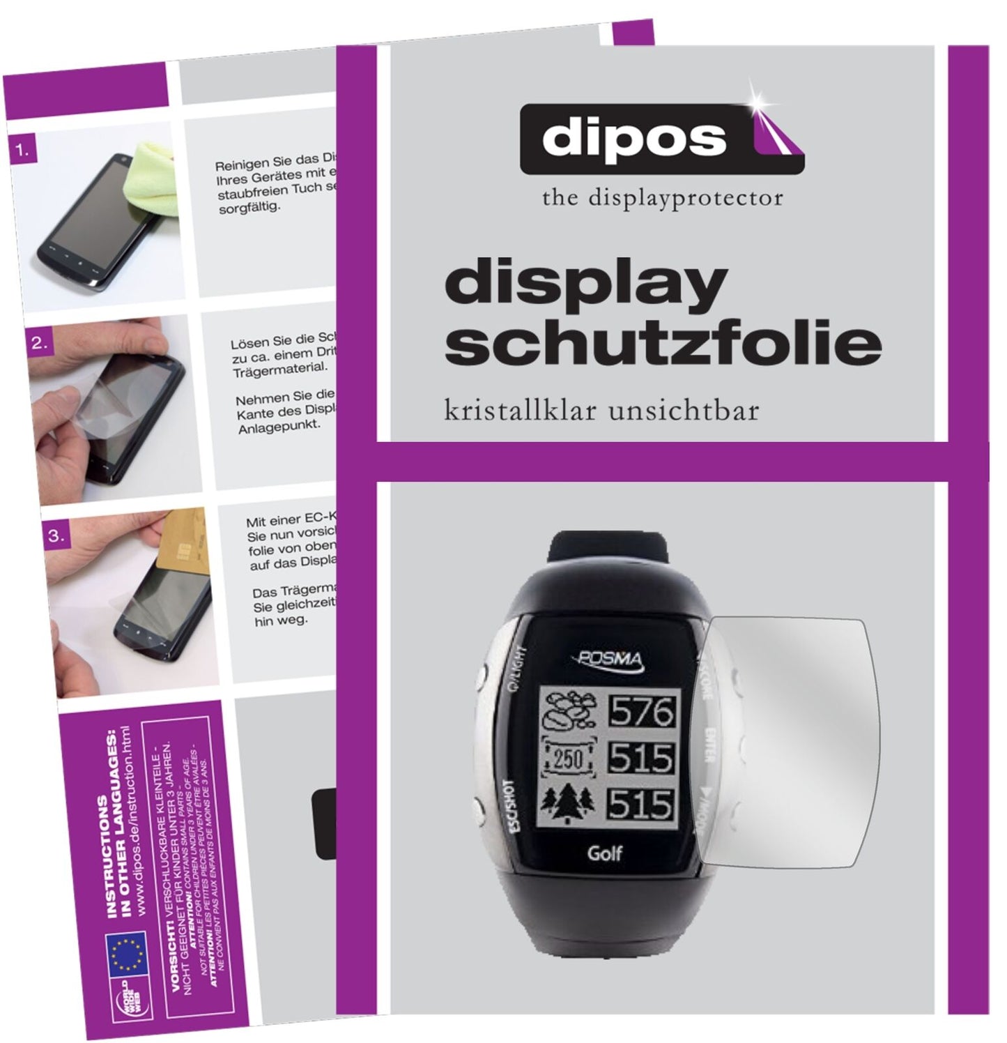 PosmaGM2 mit aufgebrachter dipos Displayschutzfolie, glasklare Darstellung ohne Einschränkungen
