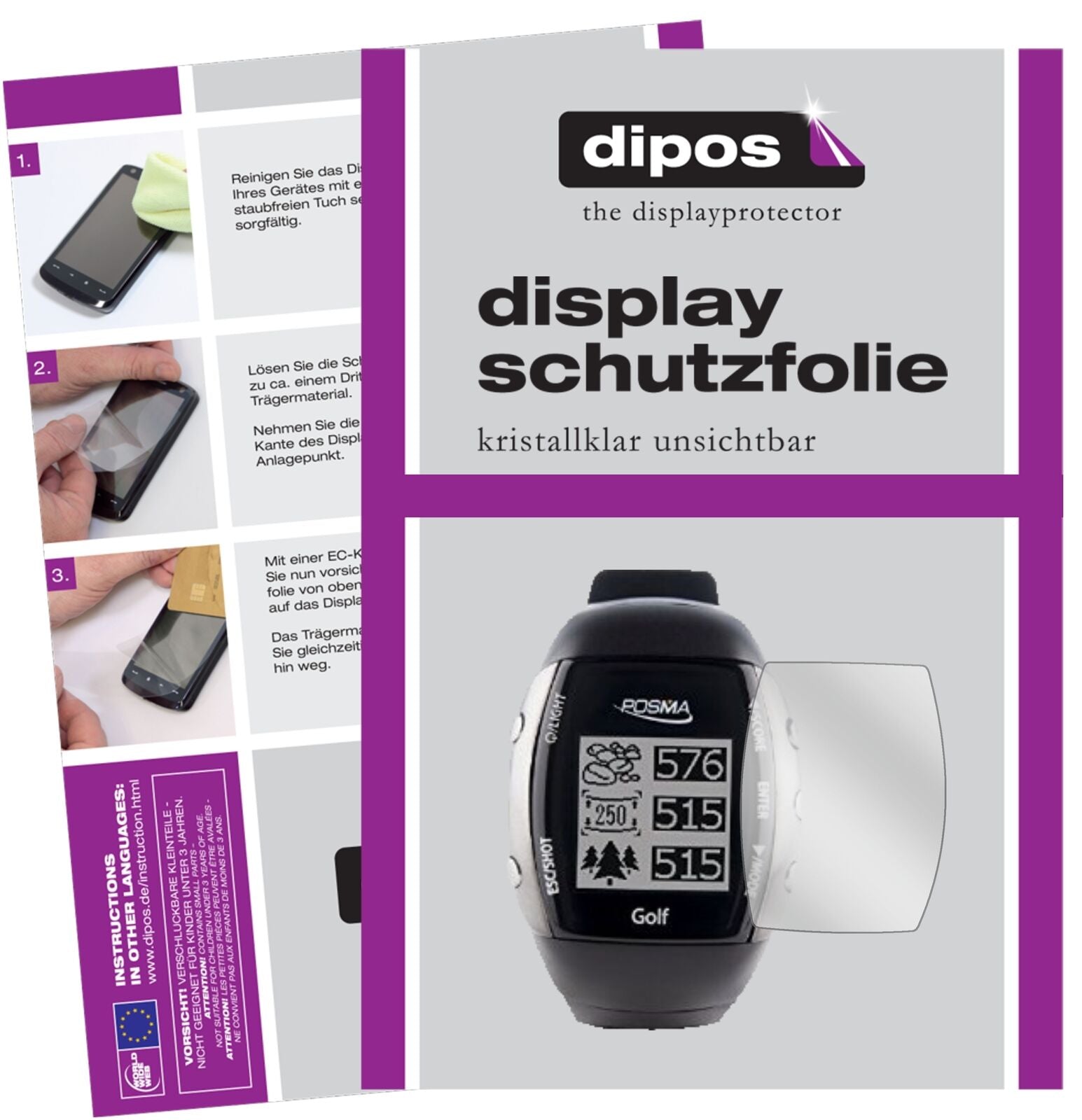 PosmaGM2 mit aufgebrachter dipos Displayschutzfolie, glasklare Darstellung ohne Einschränkungen