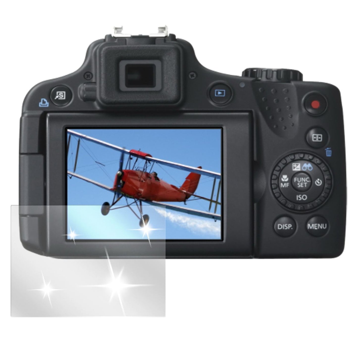 Powershot SX 50Canon mit aufgebrachter dipos Displayschutzfolie, glasklare Darstellung ohne Einschränkungen