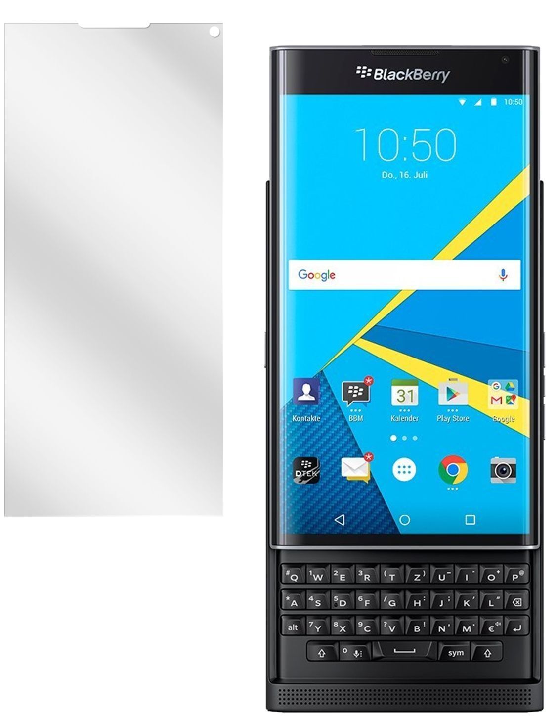 PrivBlackberry mit aufgebrachter dipos Displayschutzfolie, glasklare Darstellung ohne Einschränkungen