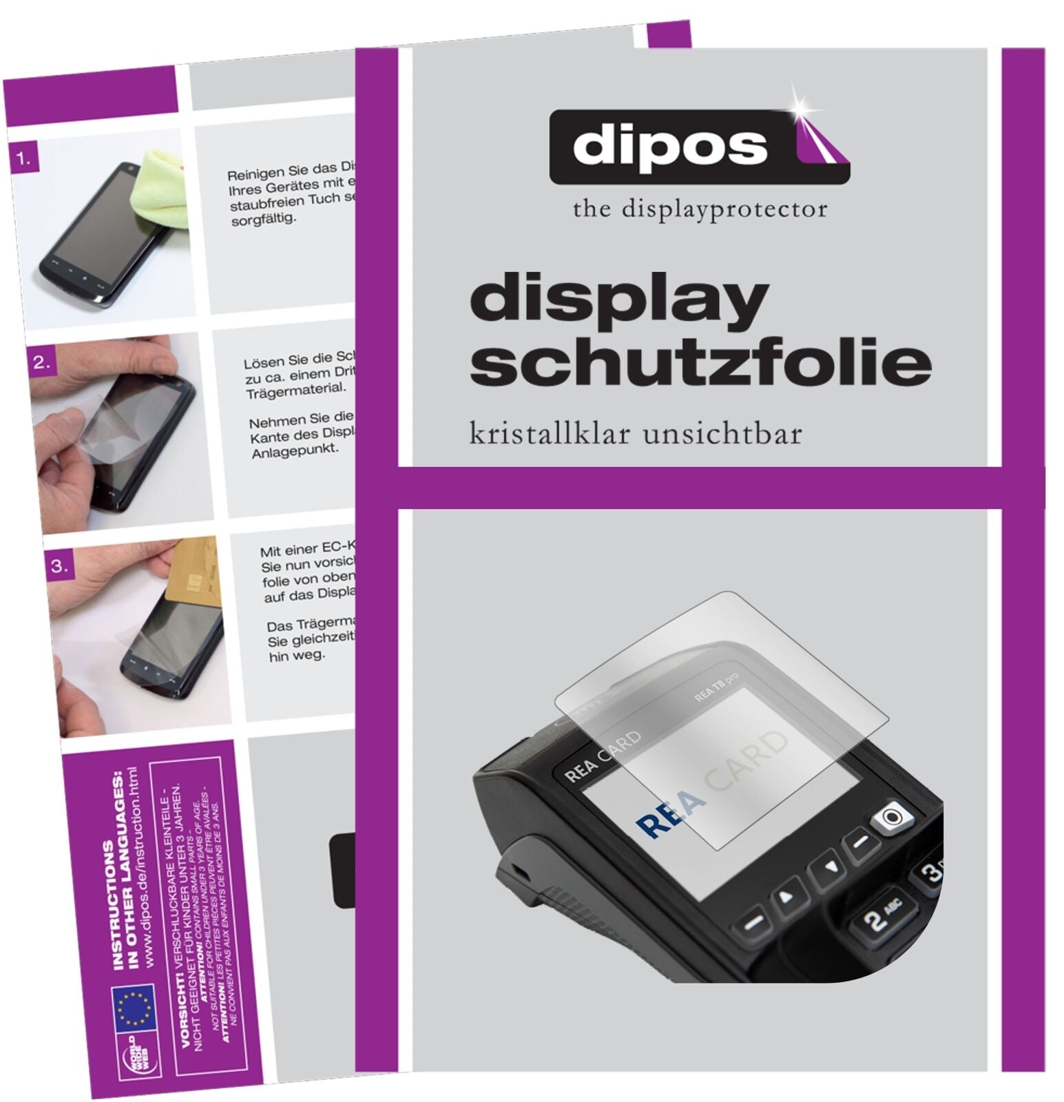 REA CARDT8 pro Terminal mit aufgebrachter dipos Displayschutzfolie, glasklare Darstellung ohne Einschränkungen